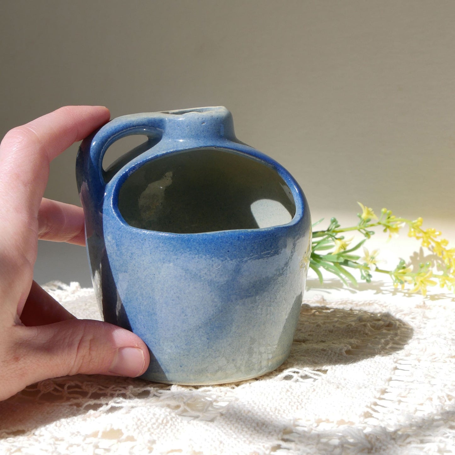 Mini Blue Handled Crock Planter, Vintage Crocks, Farmhouse Kitchen Decor, Mini Blue Crock