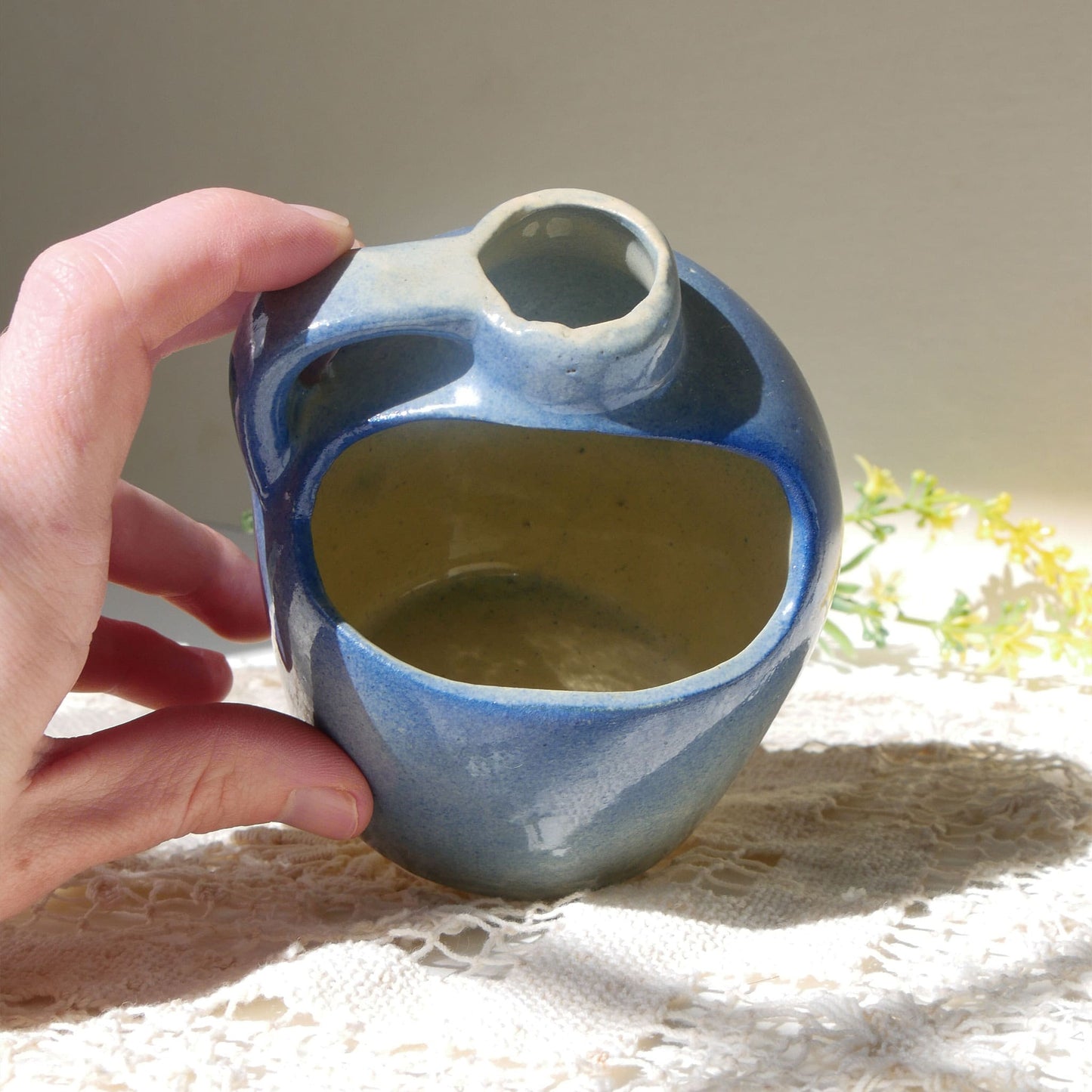 Mini Blue Handled Crock Planter, Vintage Crocks, Farmhouse Kitchen Decor, Mini Blue Crock