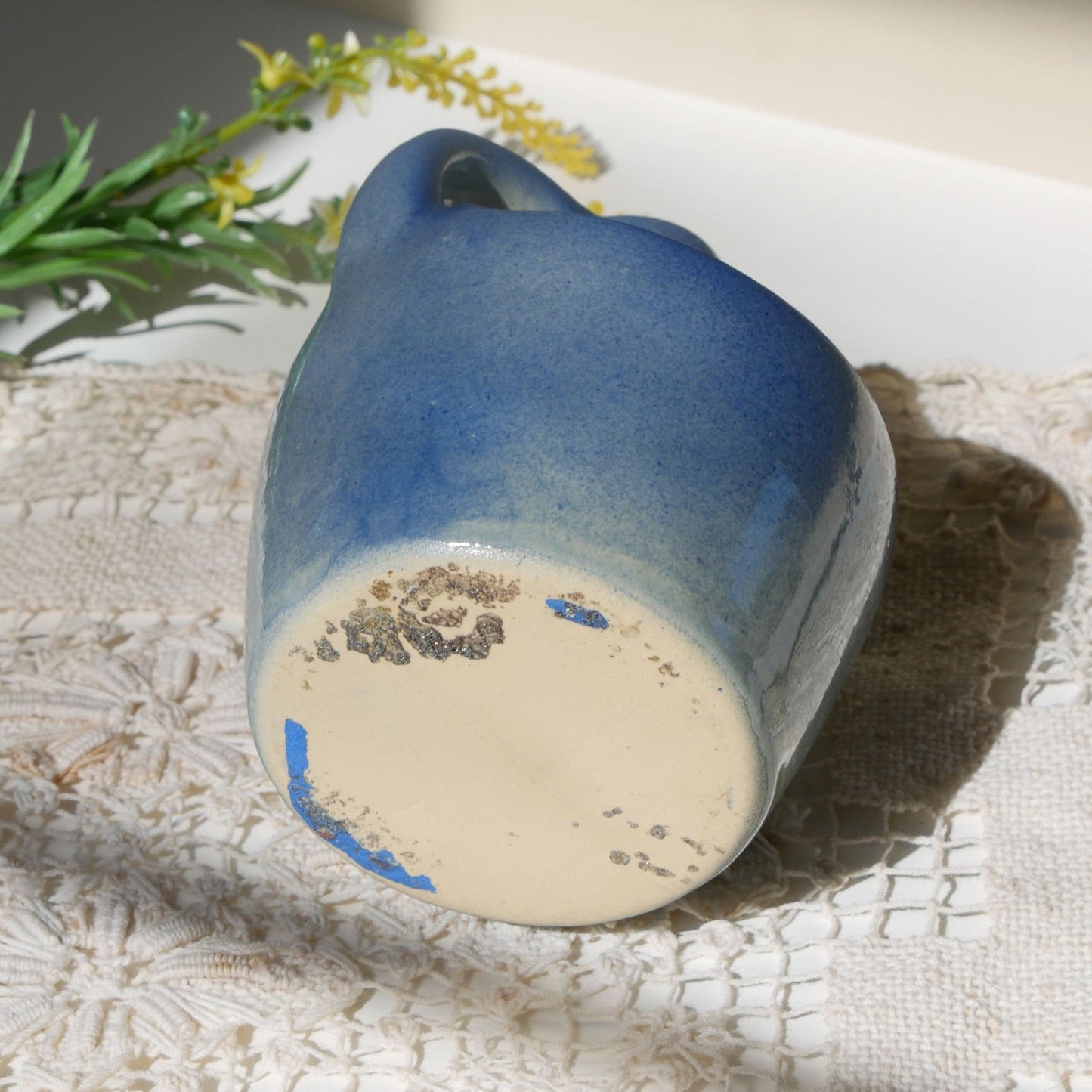 Mini Blue Handled Crock Planter, Vintage Crocks, Farmhouse Kitchen Decor, Mini Blue Crock