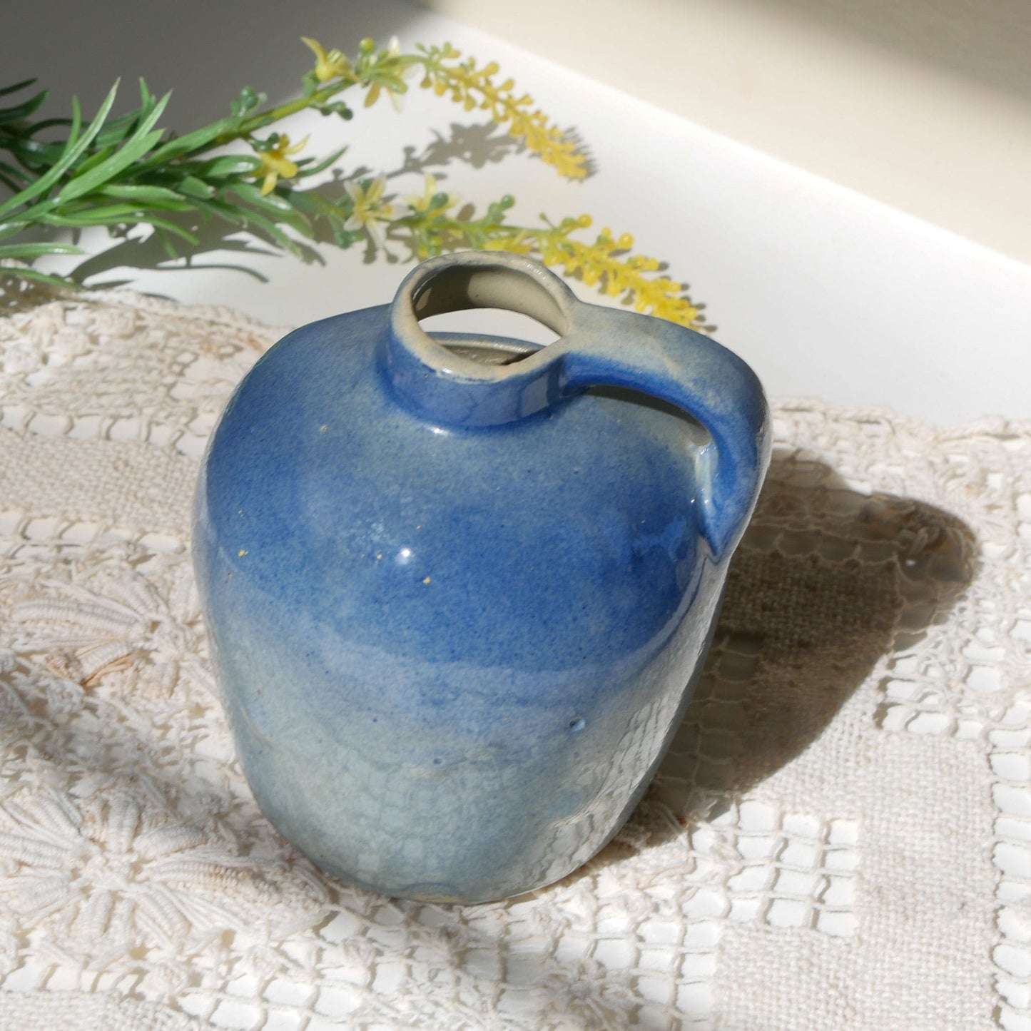 Mini Blue Handled Crock Planter, Vintage Crocks, Farmhouse Kitchen Decor, Mini Blue Crock