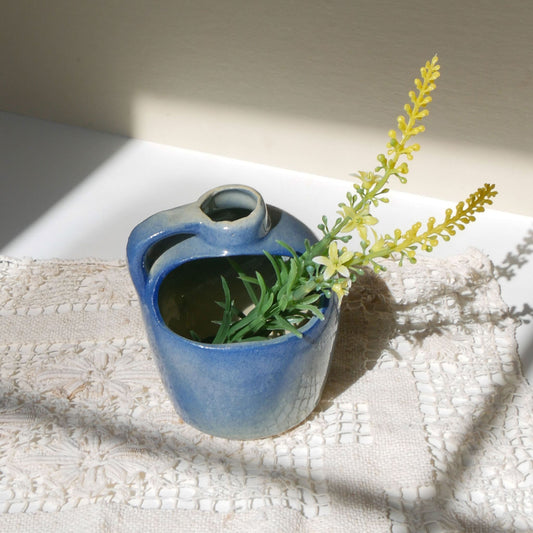 Mini Blue Handled Crock Planter, Vintage Crocks, Farmhouse Kitchen Decor, Mini Blue Crock