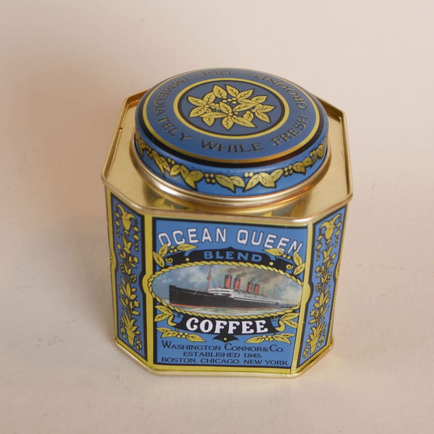 Ocean Queen Blend Coffee Tin Clock, Vintage Tea Tin, Vintage Ship Tin, Vintage Coffee Tin and Clock