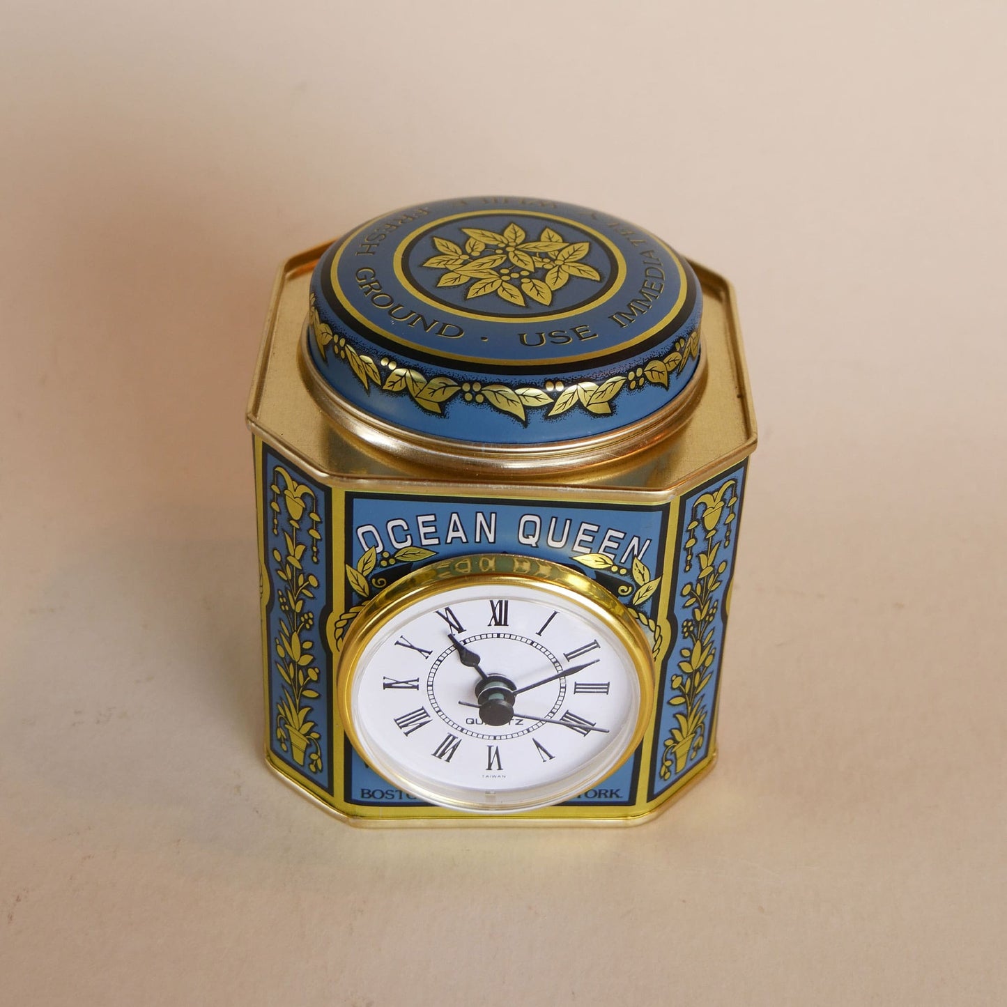 Ocean Queen Blend Coffee Tin Clock, Vintage Tea Tin, Vintage Ship Tin, Vintage Coffee Tin and Clock