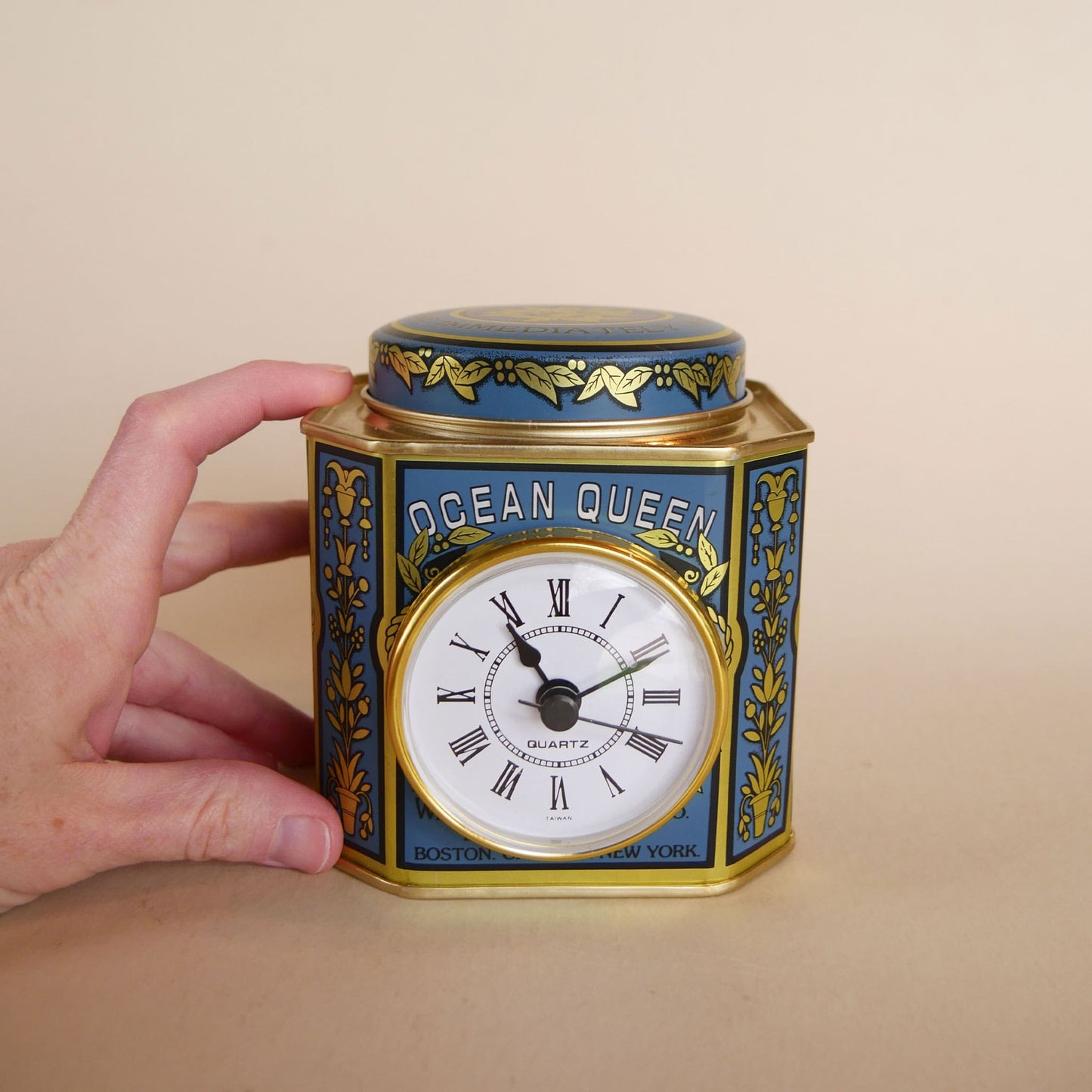 Ocean Queen Blend Coffee Tin Clock, Vintage Tea Tin, Vintage Ship Tin, Vintage Coffee Tin and Clock