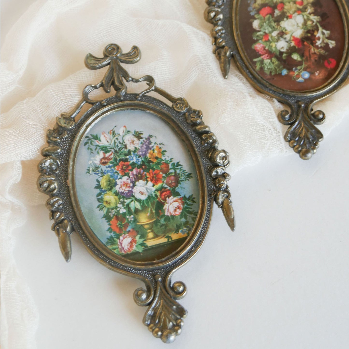 Pair of Vintage Mini Ornate Brass Italian Framed Floral Prints Vintage Brass Framed Floral prints Vintage FLoral Prints