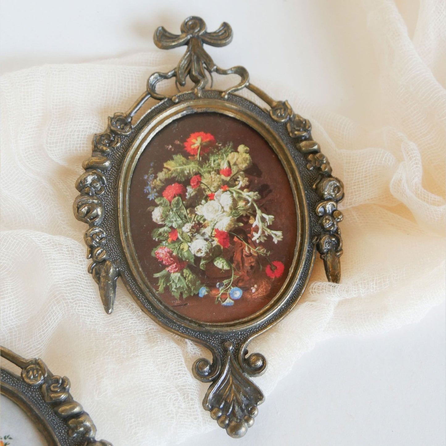Pair of Vintage Mini Ornate Brass Italian Framed Floral Prints Vintage Brass Framed Floral prints Vintage FLoral Prints
