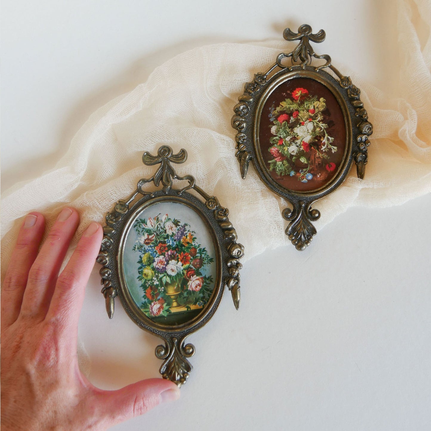 Pair of Vintage Mini Ornate Brass Italian Framed Floral Prints Vintage Brass Framed Floral prints Vintage FLoral Prints