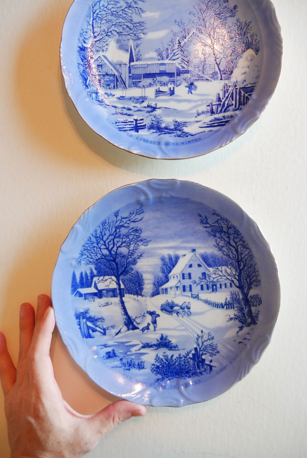 Pair of Vintage Currier & Ives Plates, Winter Scene, Blue and White Plates, Vintage Blue White Plate Decor, Vintage Winter Plate Decor, Vintage Currier and Ives Winter Scene DEcor