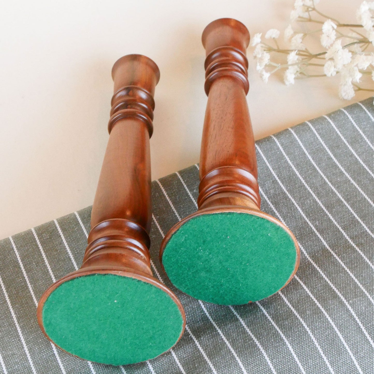 Pair of Vintage Wood Turned Candlestick Holders, 9.75in, Vintage Wooden Candlestick Pillars