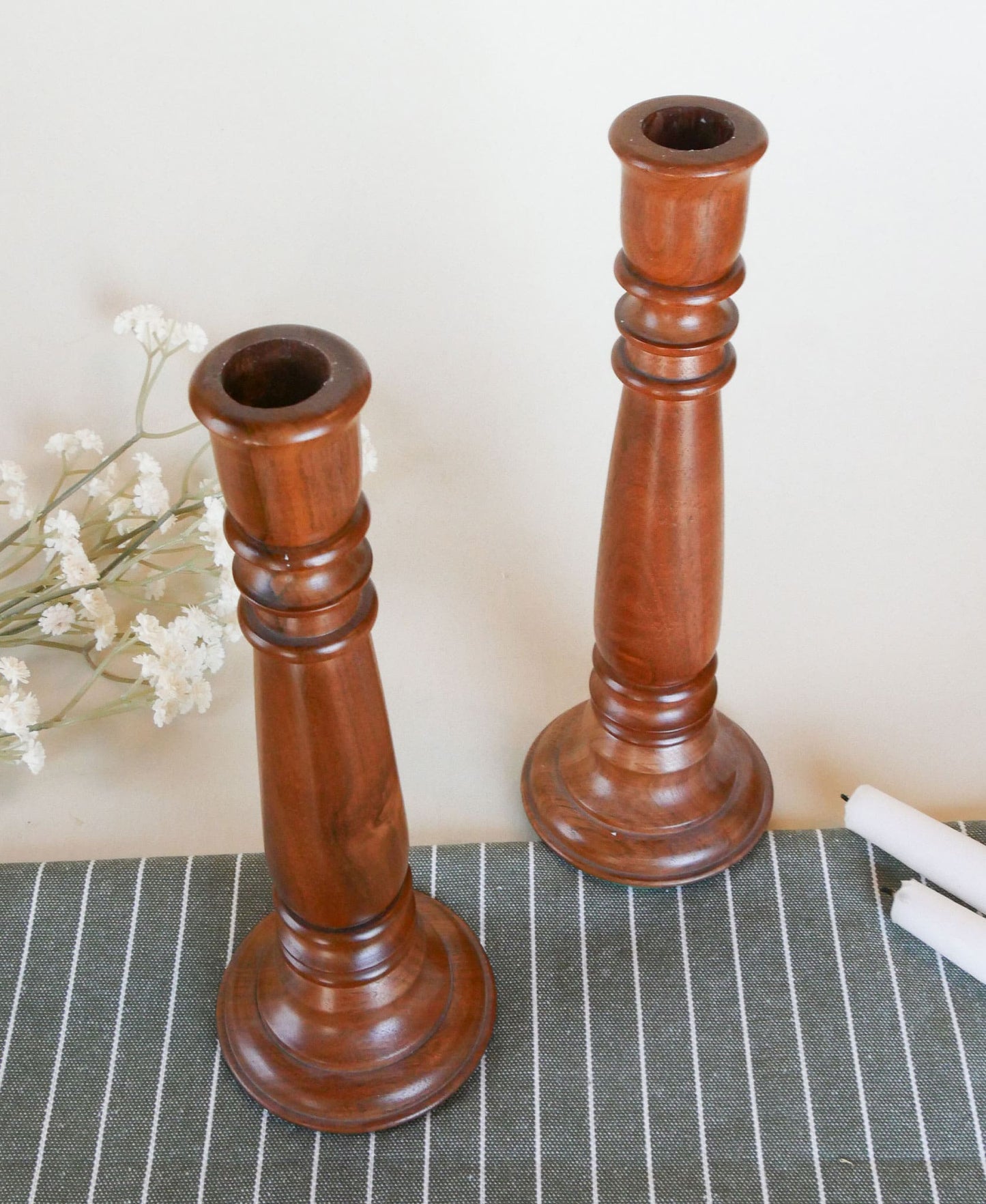 Pair of Vintage Wood Turned Candlestick Holders, 9.75in, Vintage Wooden Candlestick Pillars