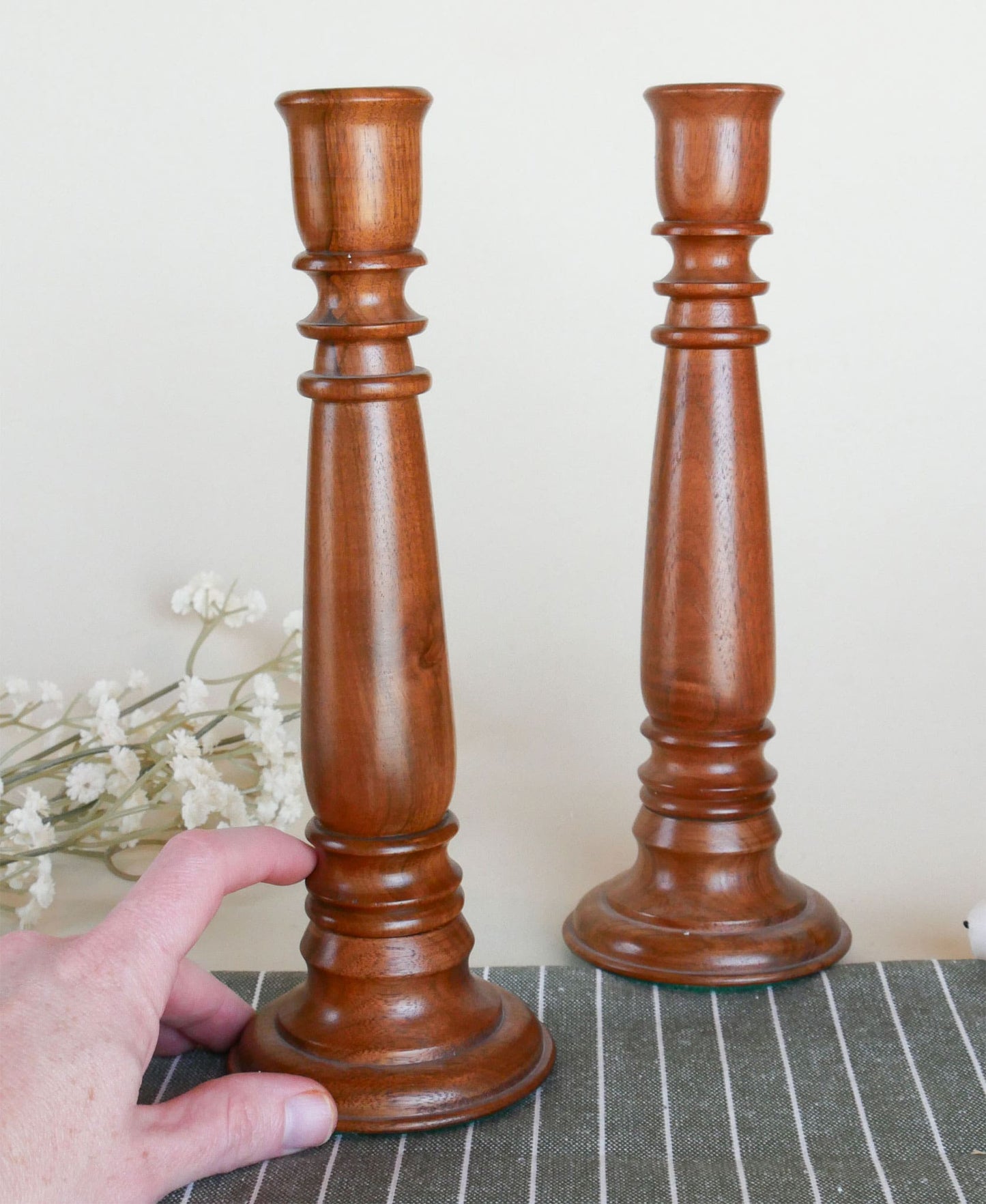 Pair of Vintage Wood Turned Candlestick Holders, 9.75in, Vintage Wooden Candlestick Pillars