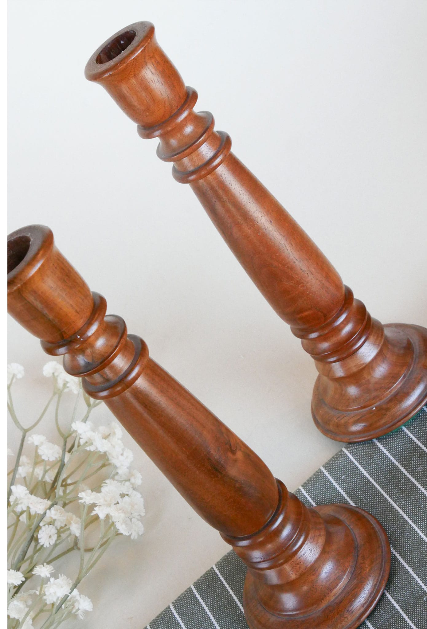 Pair of Vintage Wood Turned Candlestick Holders, 9.75in, Vintage Wooden Candlestick Pillars