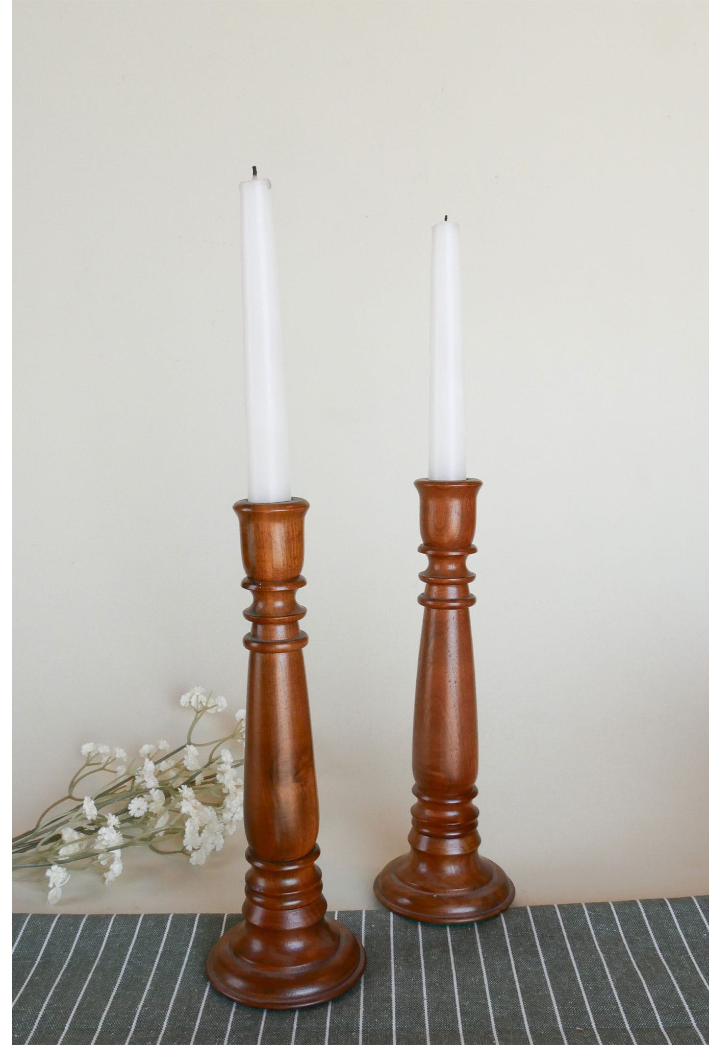 Pair of Vintage Wood Turned Candlestick Holders, 9.75in, Vintage Wooden Candlestick Pillars