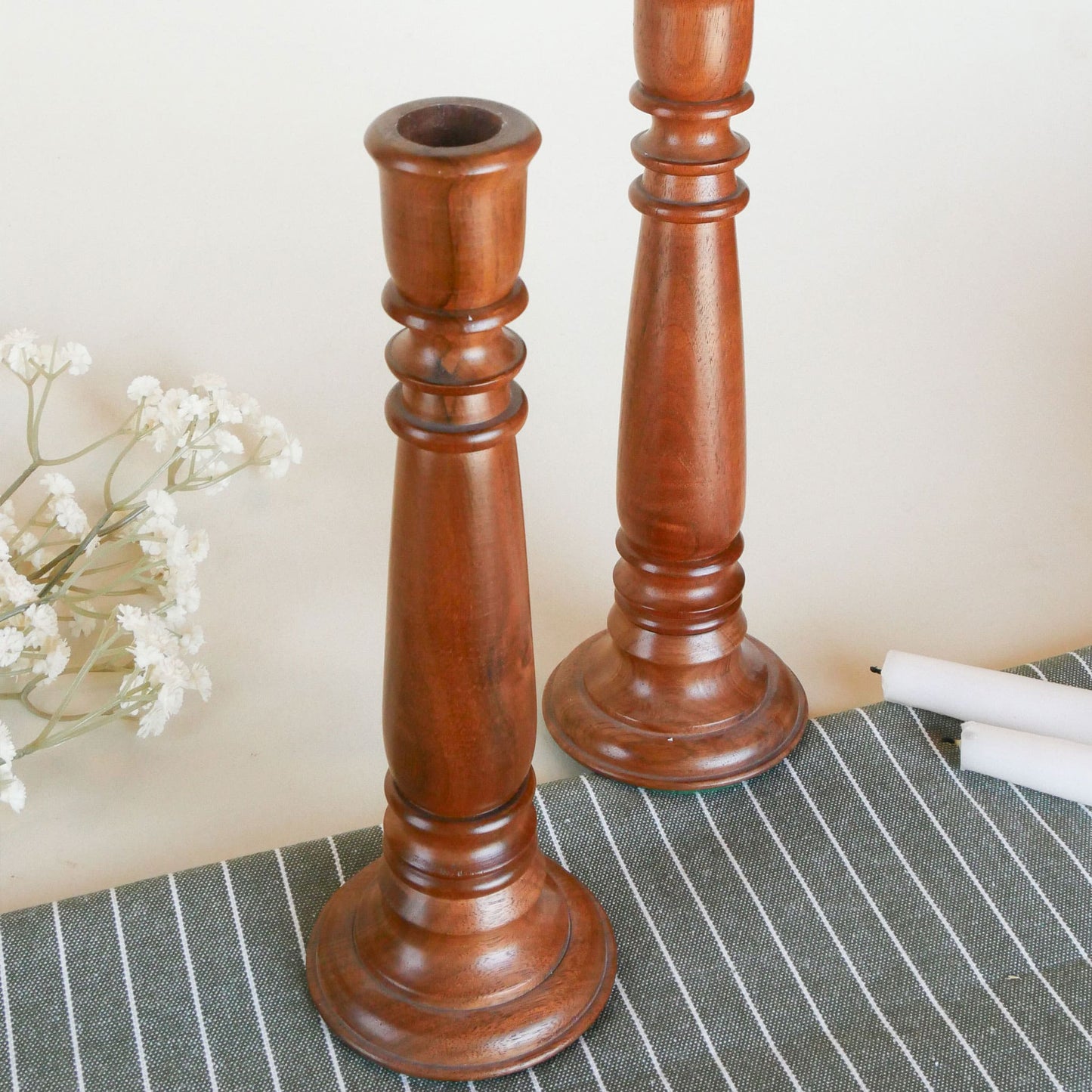 Pair of Vintage Wood Turned Candlestick Holders, 9.75in, Vintage Wooden Candlestick Pillars