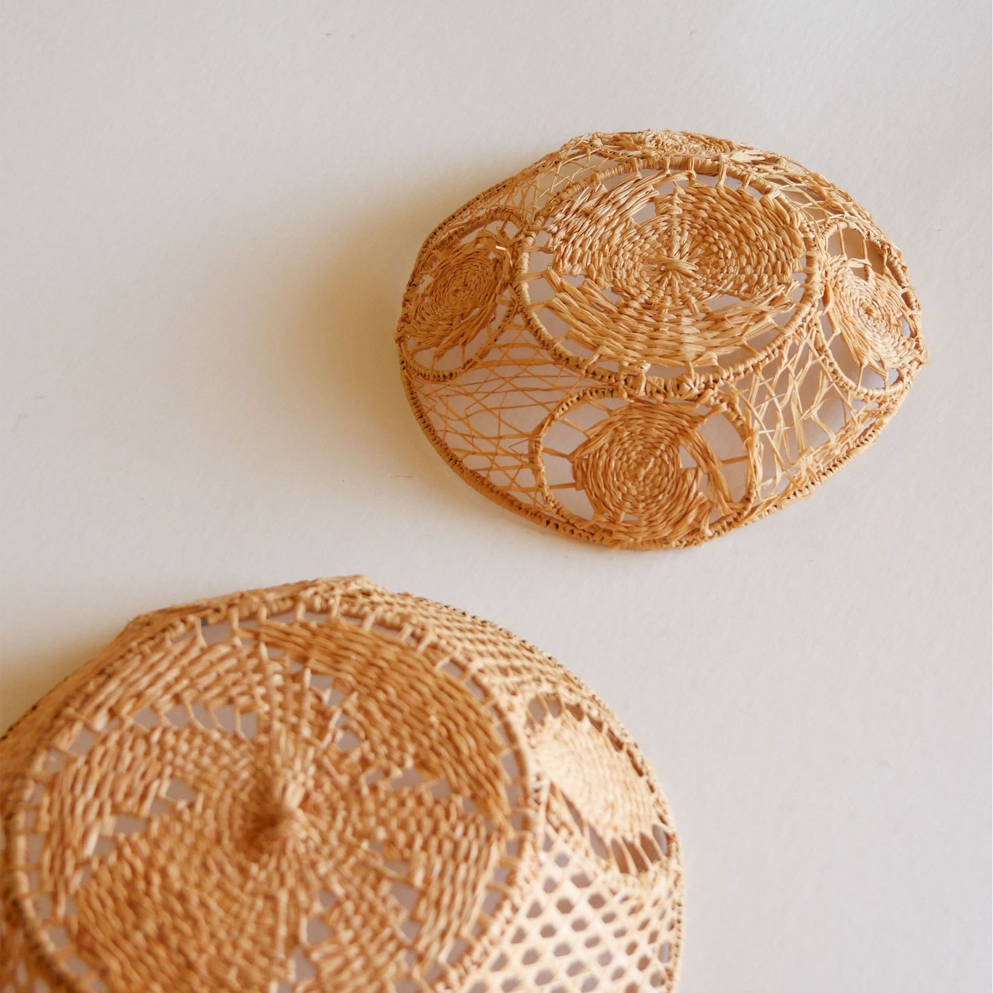 Pair of Handwoven Raffia Lace Baskets, Boho Basket Wall Decor, Vintage Wicker Basket Wall Decor, Basket Gallery Wall