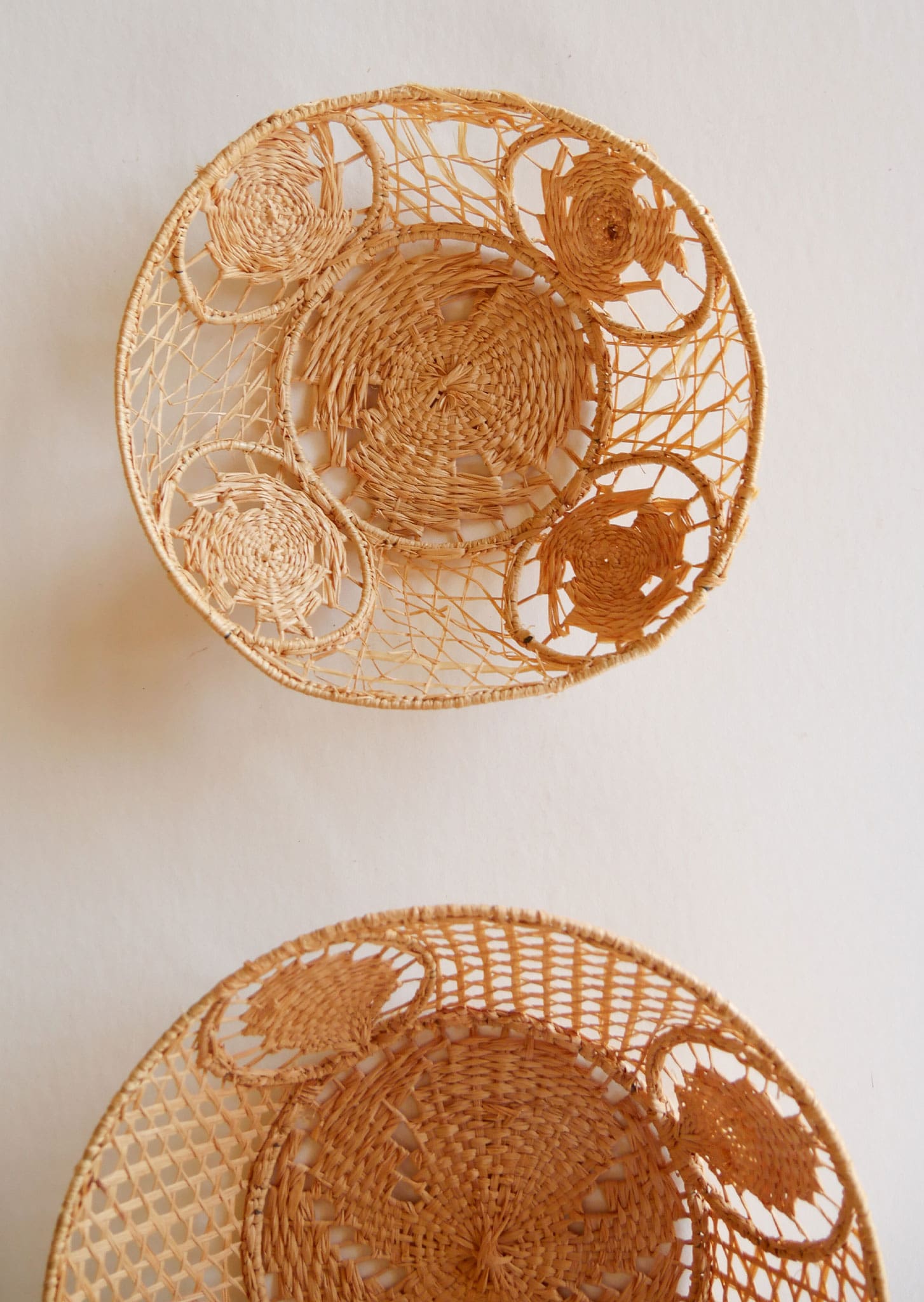 Pair of Handwoven Raffia Lace Baskets, Boho Basket Wall Decor, Vintage Wicker Basket Wall Decor, Basket Gallery Wall