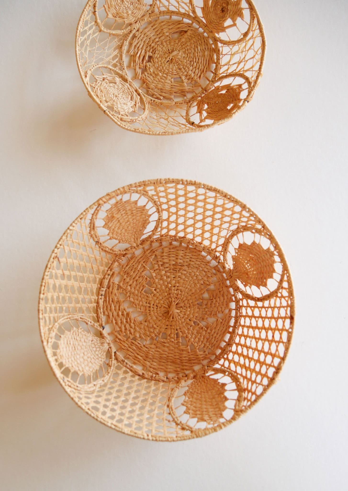 Pair of Handwoven Raffia Lace Baskets, Boho Basket Wall Decor, Vintage Wicker Basket Wall Decor, Basket Gallery Wall