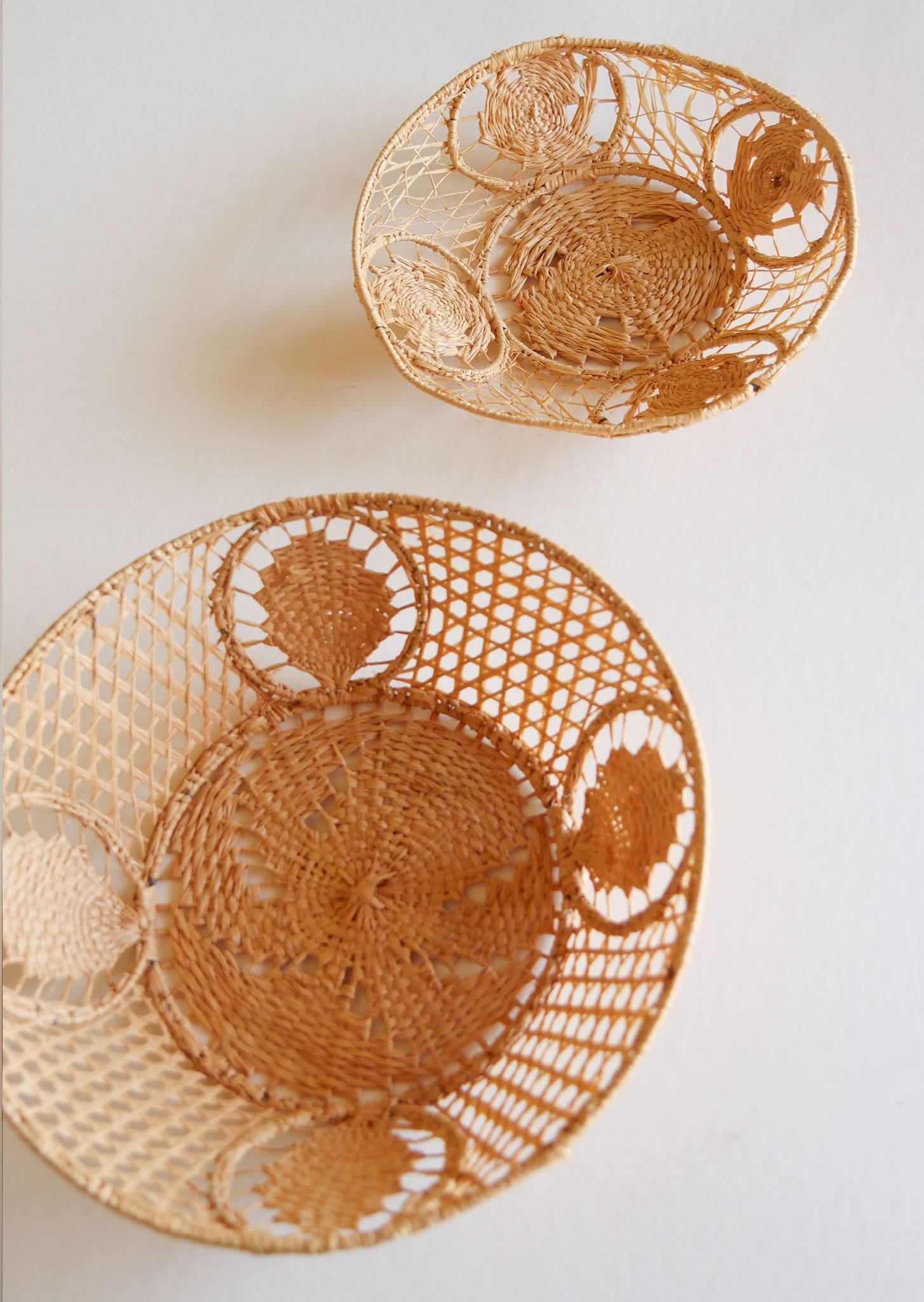 Pair of Handwoven Raffia Lace Baskets, Boho Basket Wall Decor, Vintage Wicker Basket Wall Decor, Basket Gallery Wall