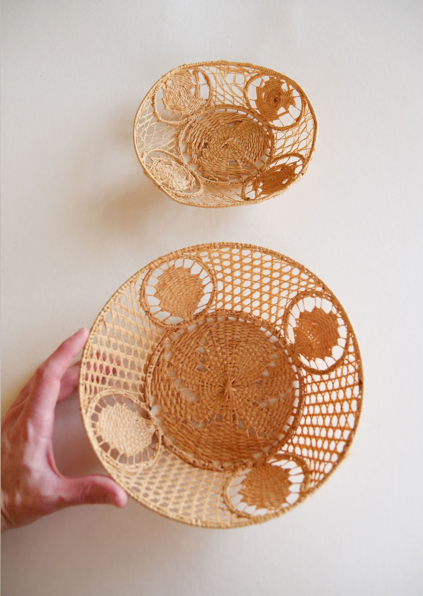 Pair of Handwoven Raffia Lace Baskets, Boho Basket Wall Decor, Vintage Wicker Basket Wall Decor, Basket Gallery Wall