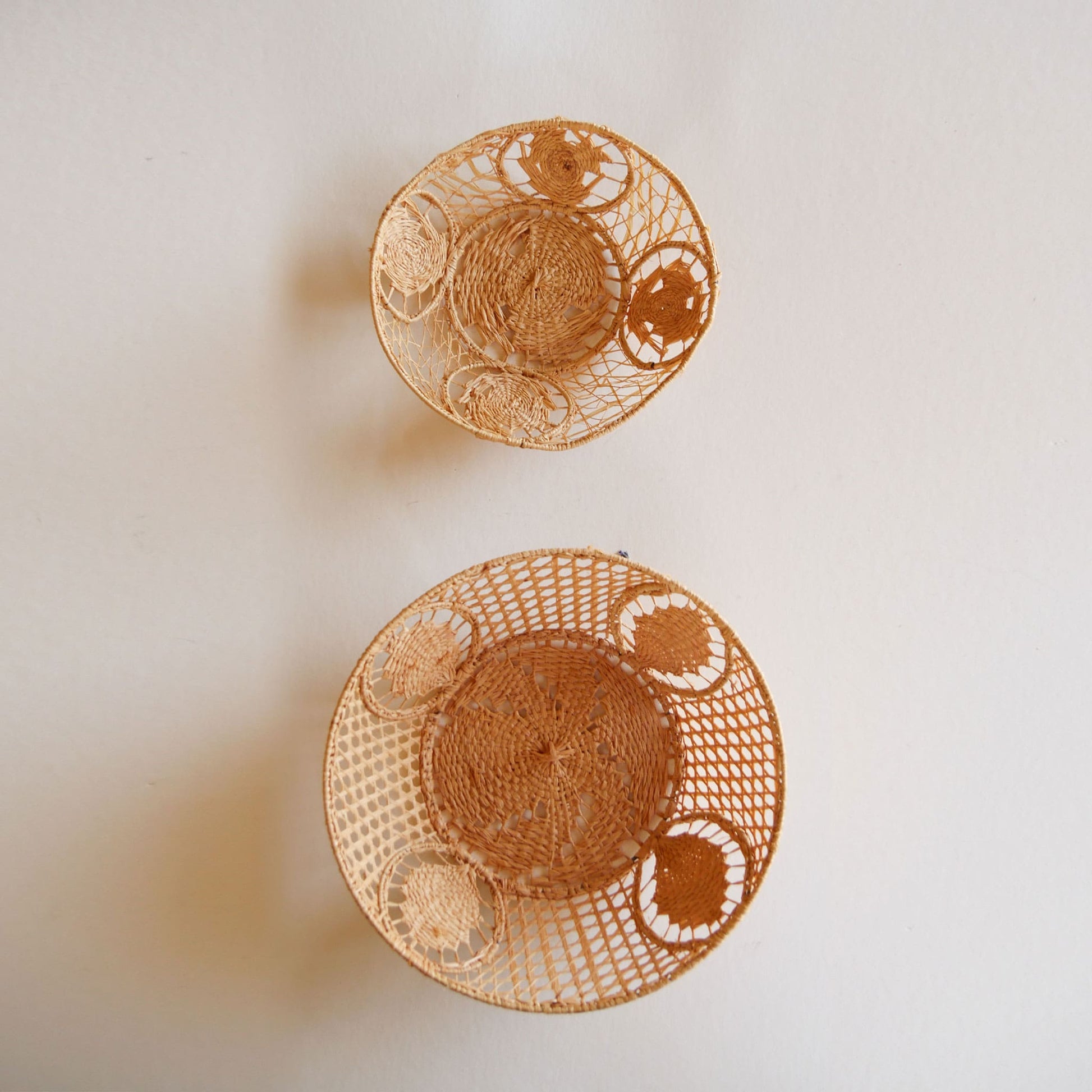 Pair of Handwoven Raffia Lace Baskets, Boho Basket Wall Decor, Vintage Wicker Basket Wall Decor, Basket Gallery Wall