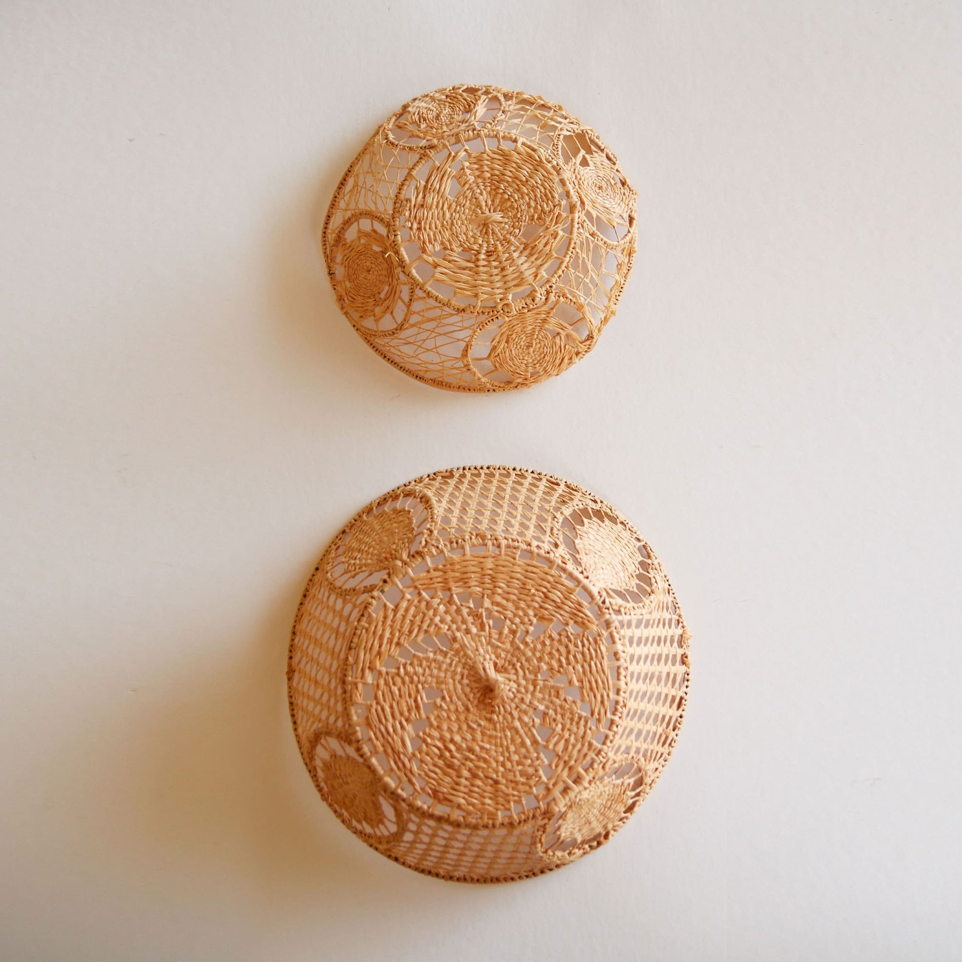 Pair of Handwoven Raffia Lace Baskets, Boho Basket Wall Decor, Vintage Wicker Basket Wall Decor, Basket Gallery Wall