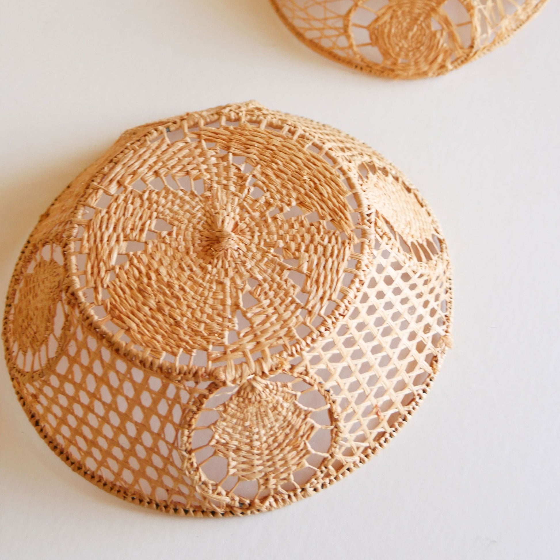 Pair of Handwoven Raffia Lace Baskets, Boho Basket Wall Decor, Vintage Wicker Basket Wall Decor, Basket Gallery Wall