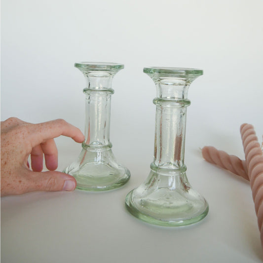 Pair of Recycled Glass Candlestick Holders Green Glass Candlestick Holders