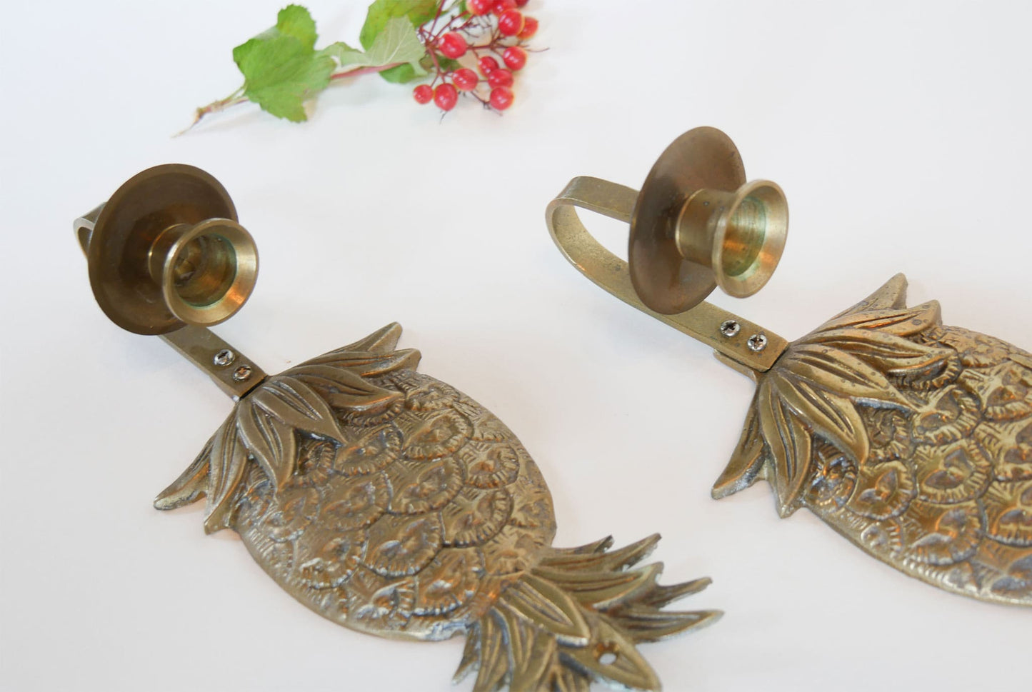 Pair of Vintage Brass Pineapple Candlestick Wall Scones Brass Pineapple Wall Decor Brass Candlestick Holders Brass Beach Decor