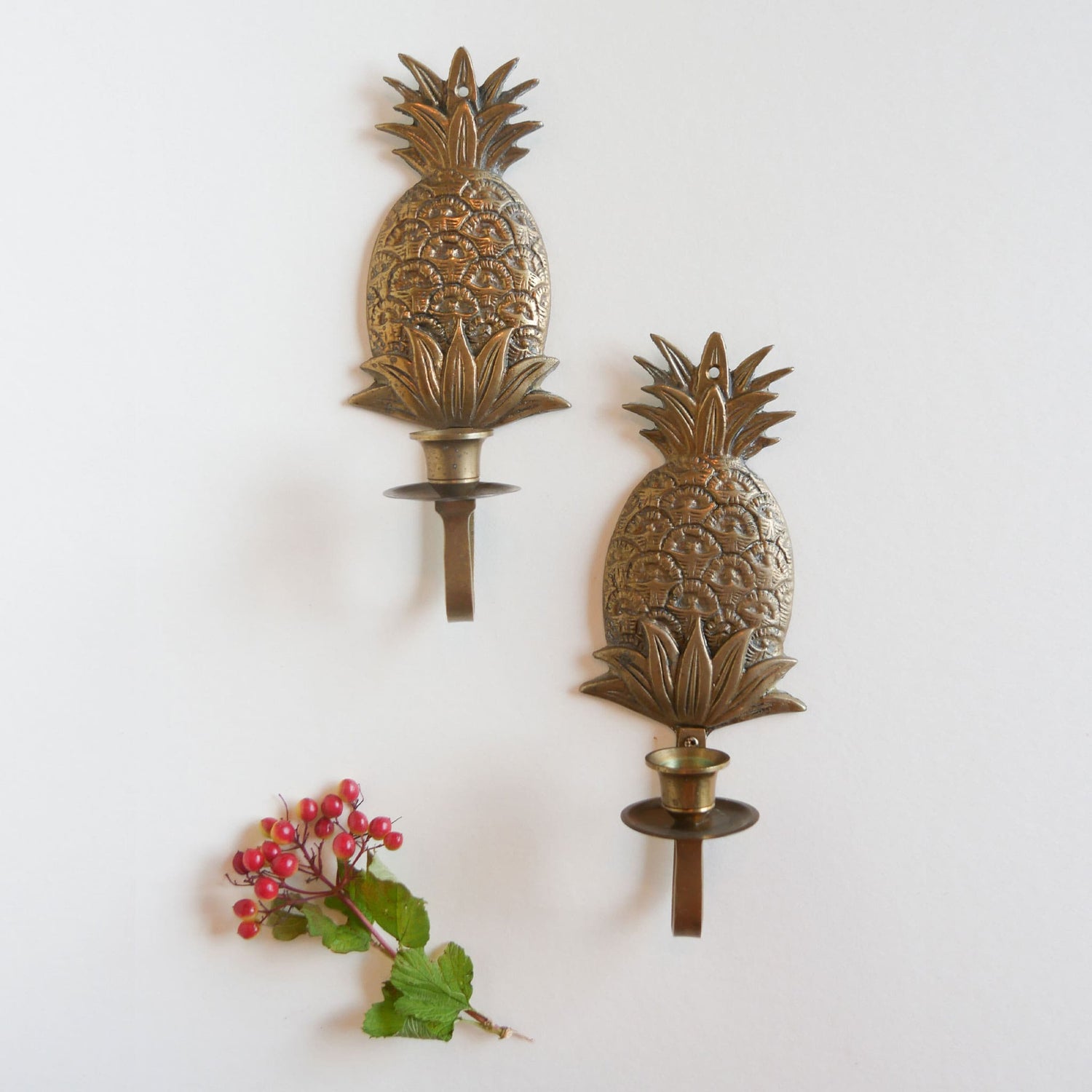 Pair of Vintage Brass Pineapple Candlestick Wall Scones Brass Pineapple Wall Decor Brass Candlestick Holders Brass Beach Decor
