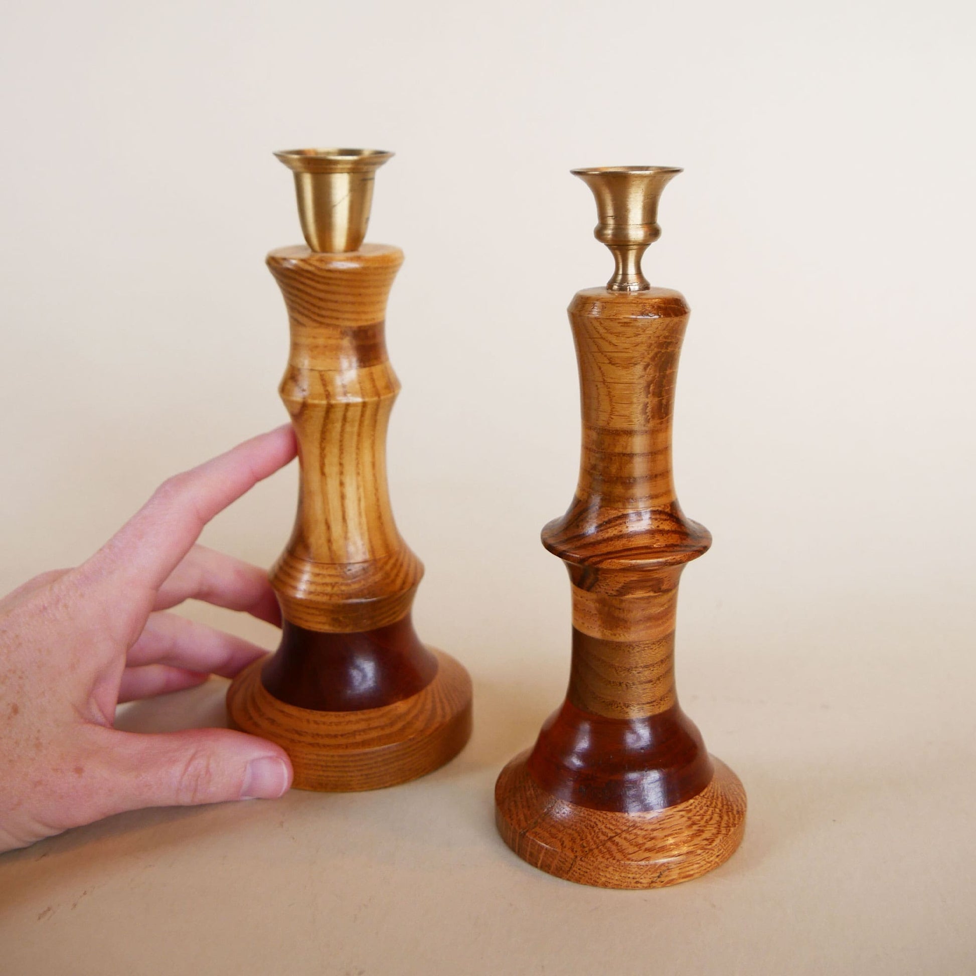 Pair of Two-Tone Wooden Tapered Candlestick Holders, MCM Wood Candle Holders, Vinitage Wood Tapered Candlestick Holders