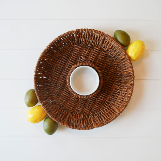 Rattan Wicker Chip and Dip Serving Platter Wicker Chip and Dip Basket Vintage Wicker Serveware