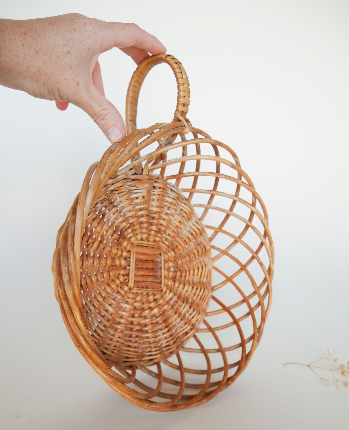 Vintage Rattan Wicker Basket with Loop Handle Vintage Farmhouse Basket