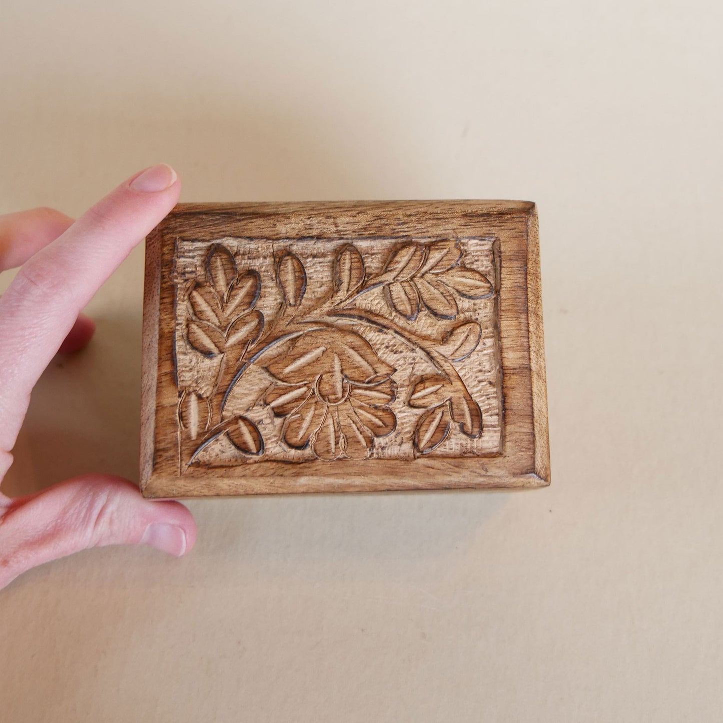 Vintage Floral Carved Wooden Jewelry Box, Vintage Carved Wooden Box, Small Vintage Floral Carved Wooden Box