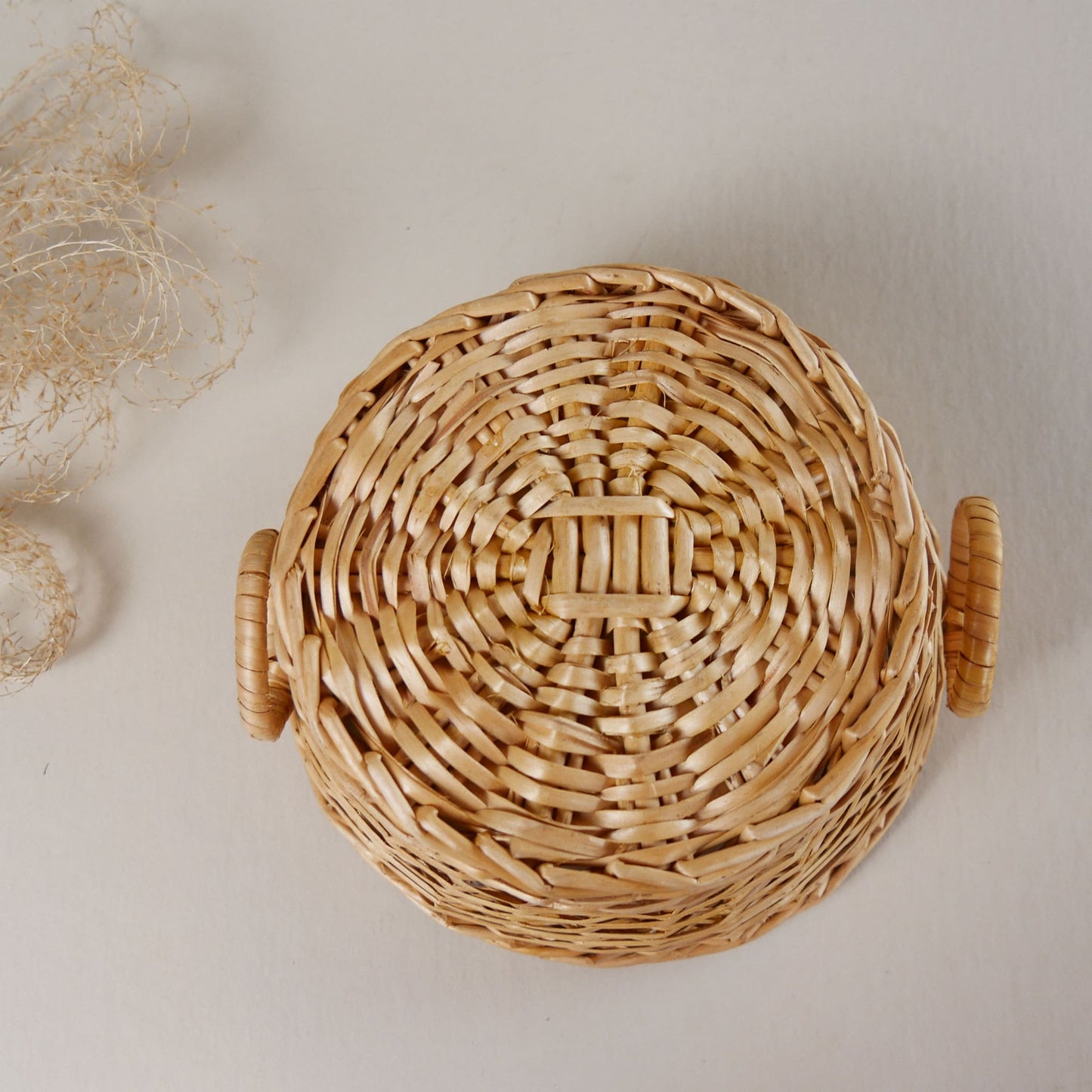 Small Round Light Wicker Basket with Handles Vintage Basket Decor