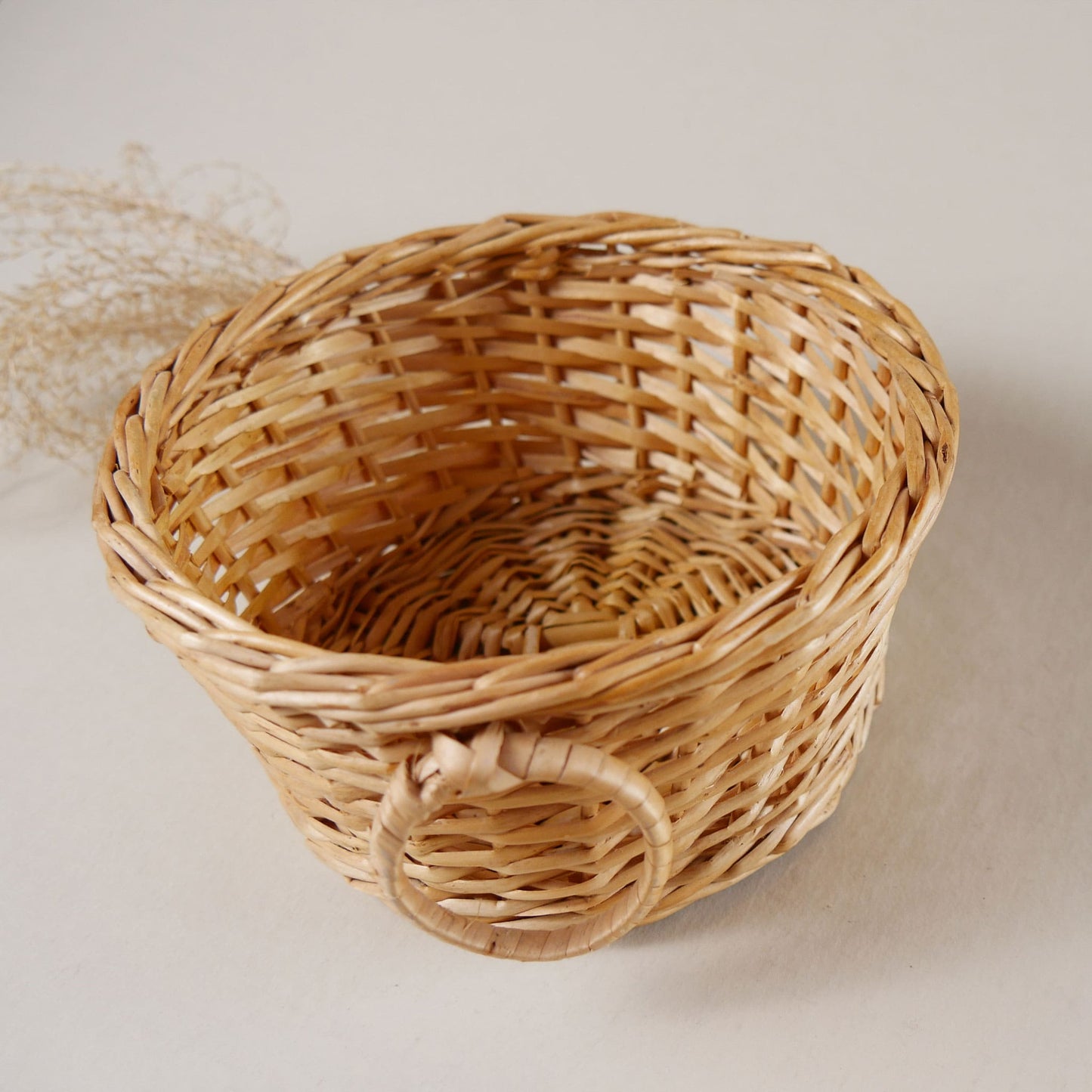 Small Round Light Wicker Basket with Handles Vintage Basket Decor