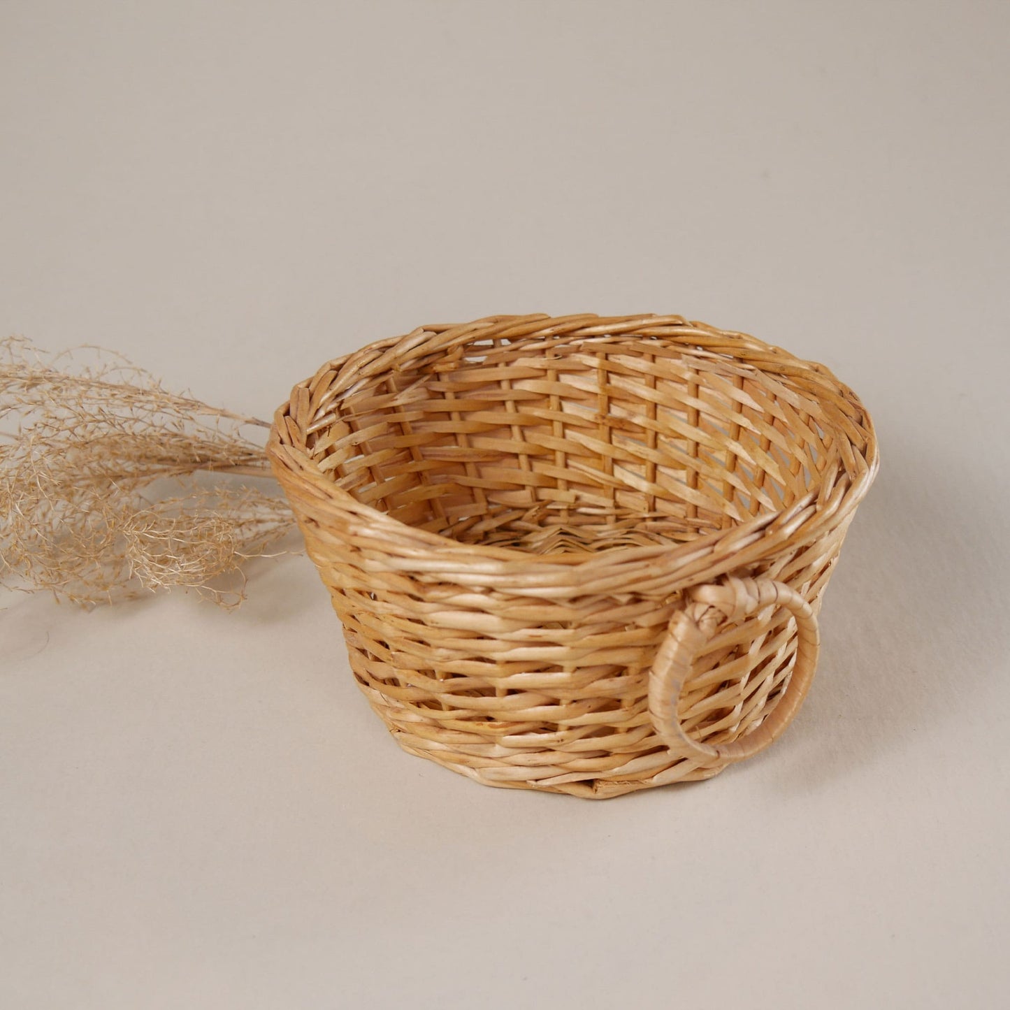 Small Round Light Wicker Basket with Handles Vintage Basket Decor