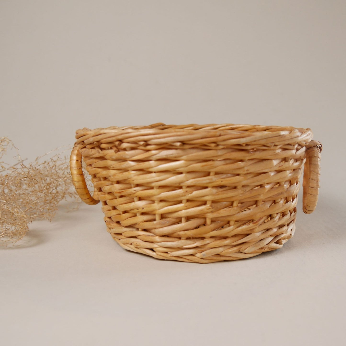 Small Round Light Wicker Basket with Handles Vintage Basket Decor