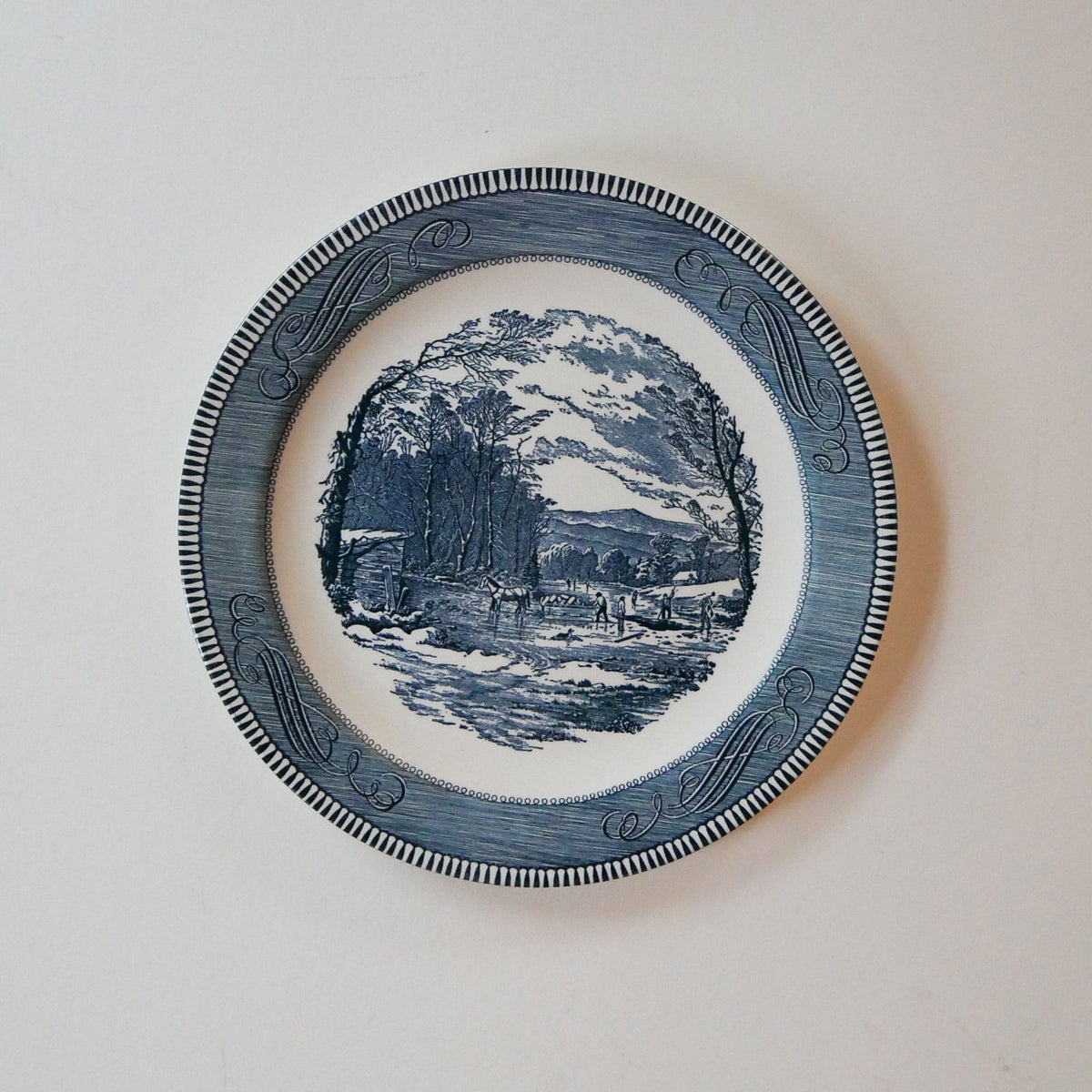 Vintage Currier & Ives Blue Transferware 12in Platter, Vintage Currier and Ives Decor, Vintage Blue White Plate Wall, Vintage Primitive Blue Plate, VIntage Country Plate Wall, Farmhouse Plate wall, Cottage Plate Wall, Vintage Plate Wall