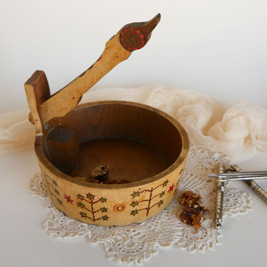 Vintage ANRI Folk Art Nut Bowl with Nutcracker Utensils, Vintage Folk Art Decor, Vintage Nut Bowl, ANRI Wood Decor, Vintage Whimsical Decor