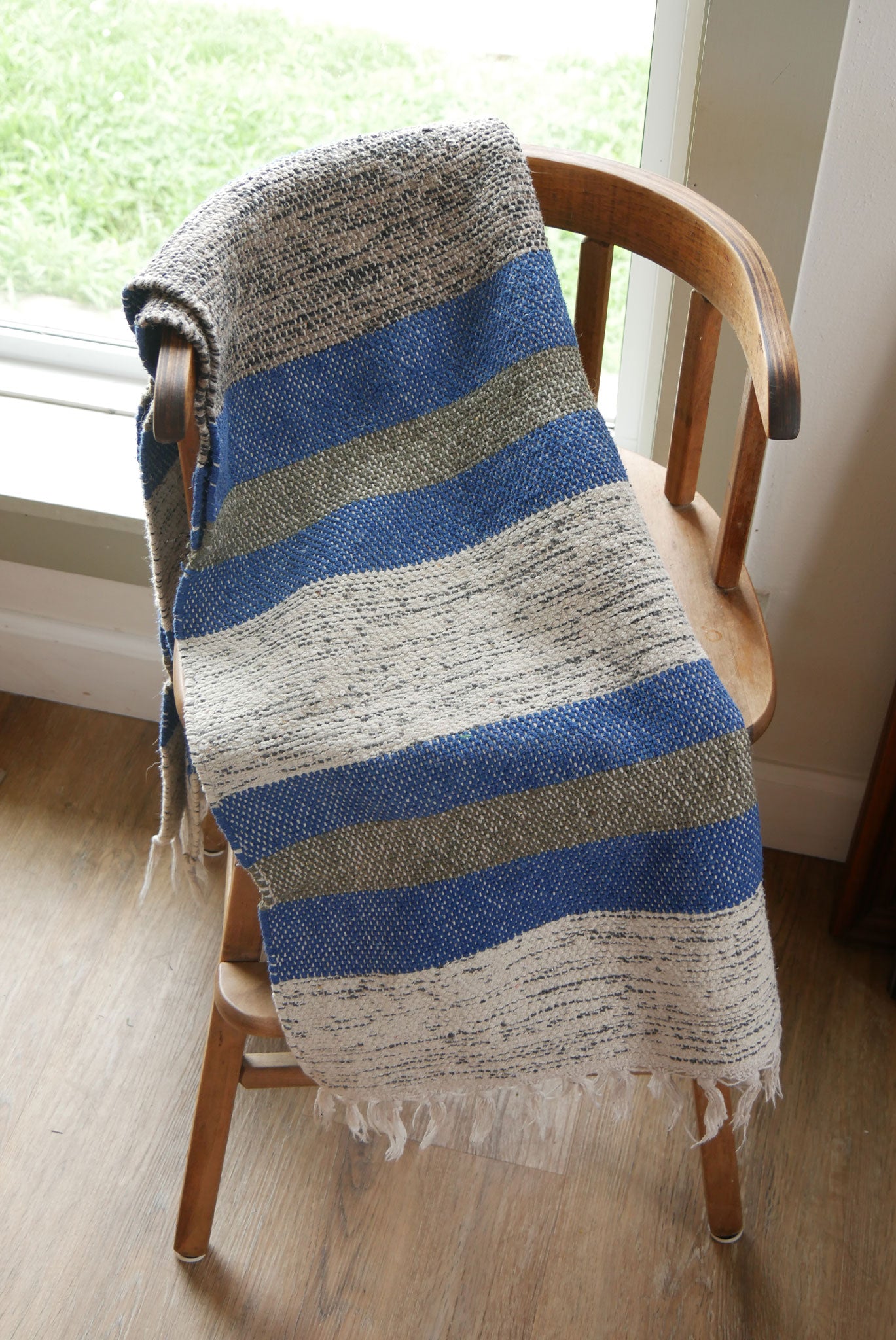 Vintage Handwoven Grey and Blue Striped Rug Vintage Stripe Blue Turkish Rug Vintage Farmhouse Blue Rug