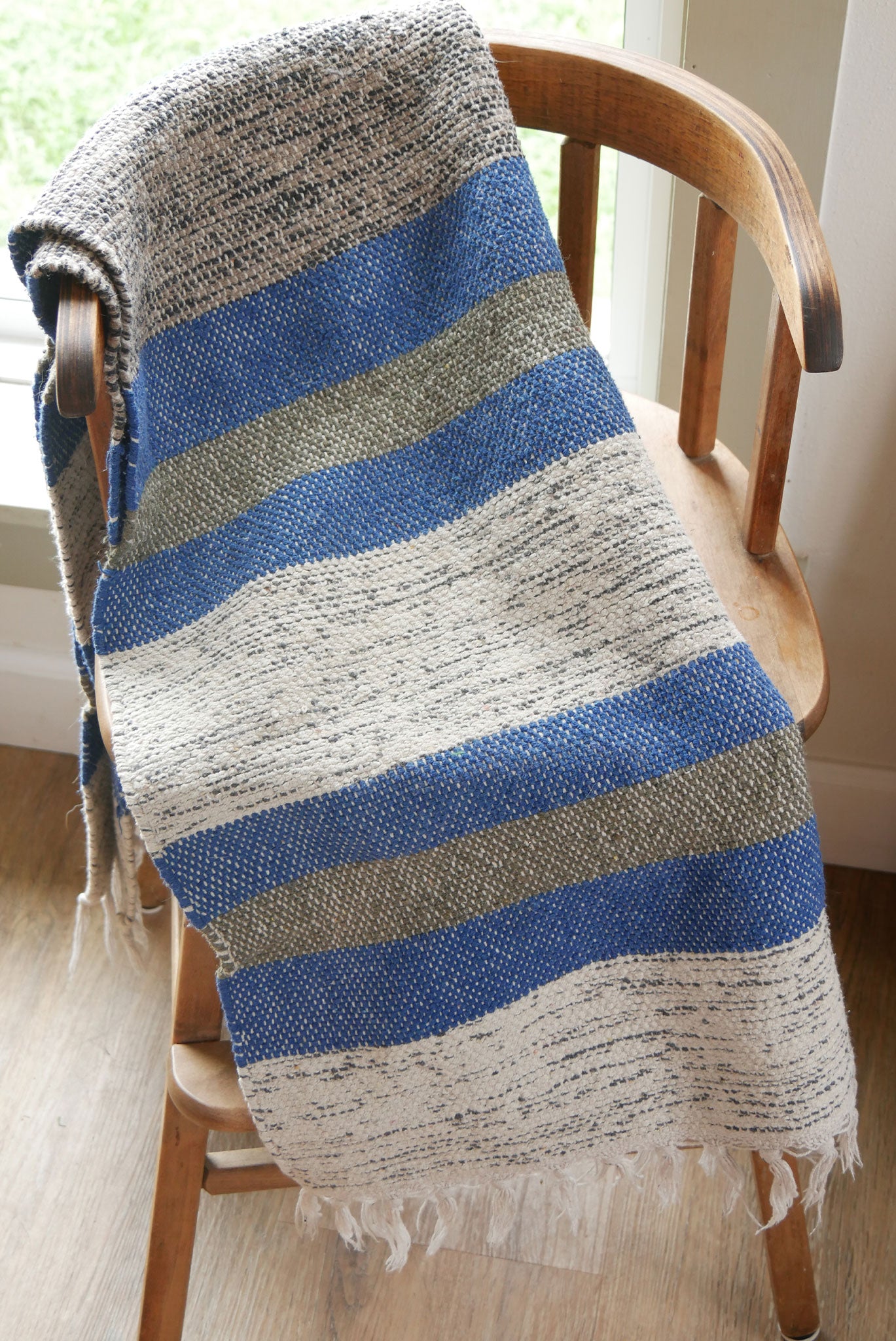 Vintage Handwoven Grey and Blue Striped Rug Vintage Stripe Blue Turkish Rug Vintage Farmhouse Blue Rug