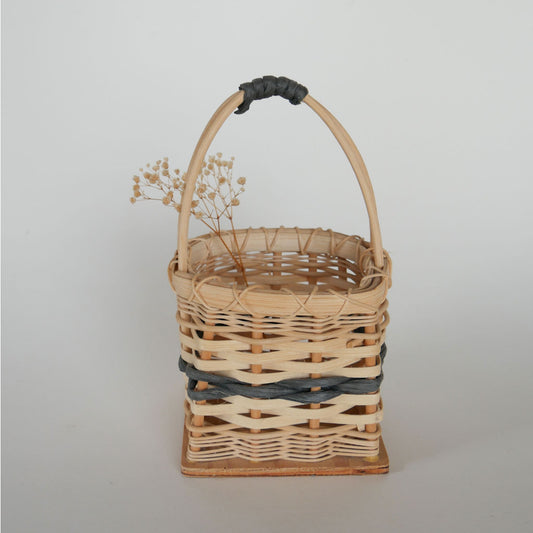 Small Vintage WIcker BAsket with Handle, Blue Striped Basket, Vintage Basket Blue Stripe