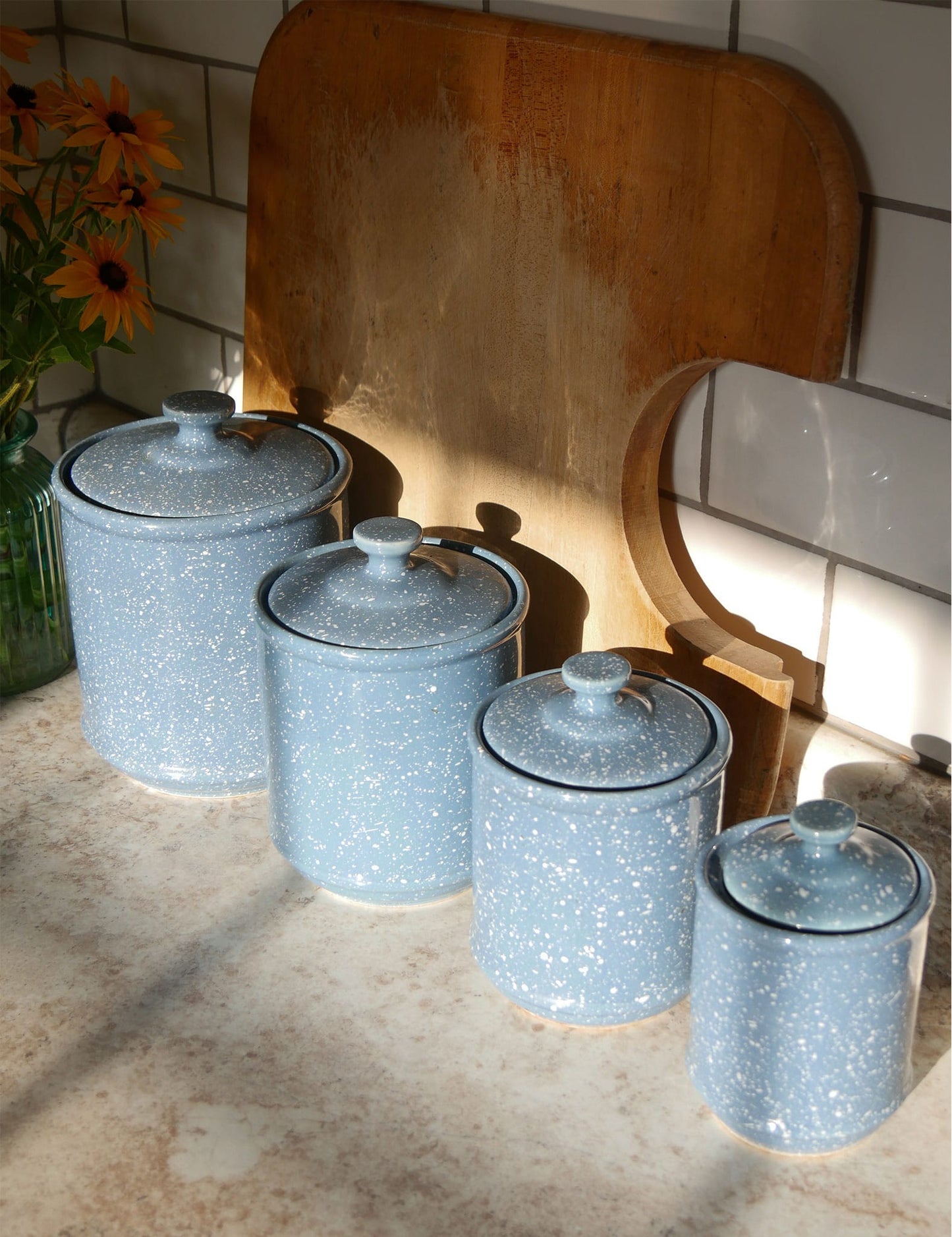 Vintage Blue and White Speckled Canister Set Vintage Farmhouse Canisters Blue White Speckled Kitchen Decor Vintage Farmhouse Kitchen Vintage Kitchen Decor