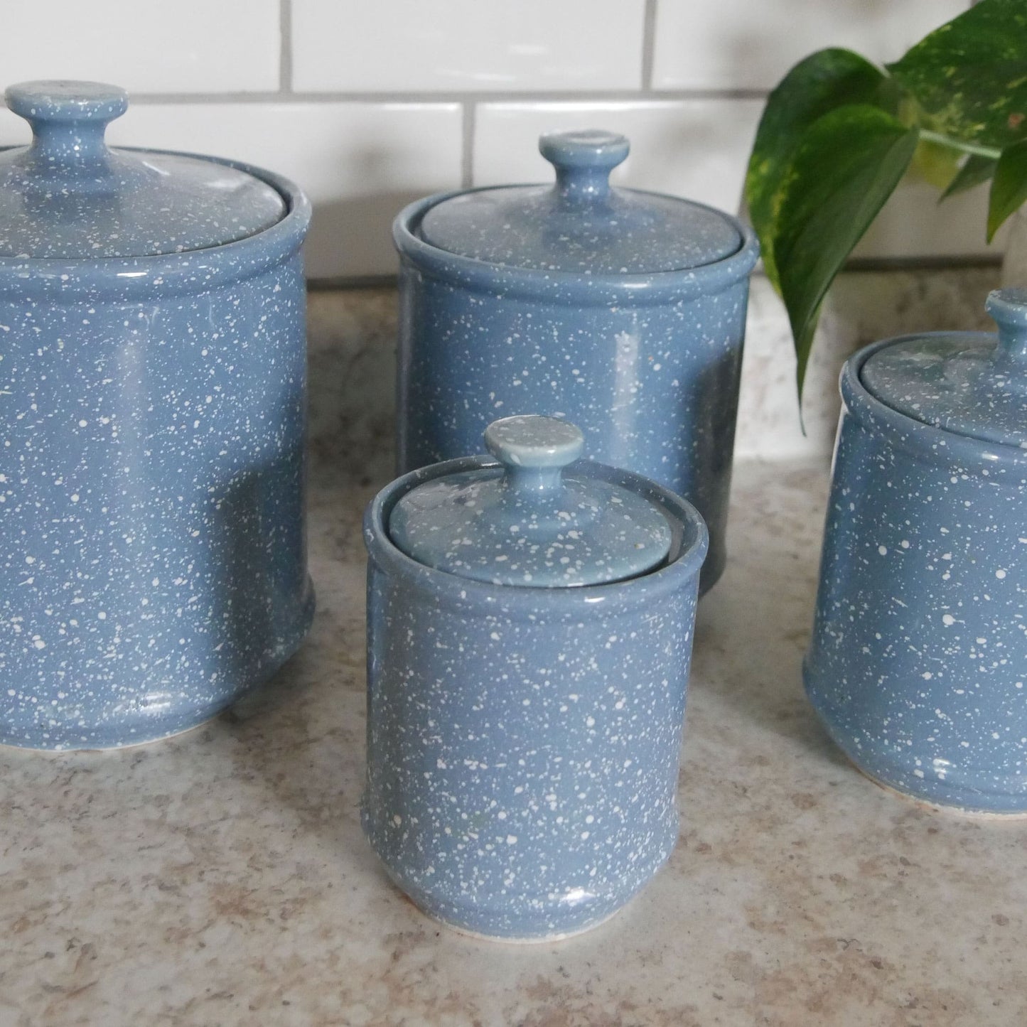 Vintage Blue and White Speckled Canister Set Vintage Farmhouse Canisters Blue White Speckled Kitchen Decor Vintage Farmhouse Kitchen Vintage Kitchen Decor