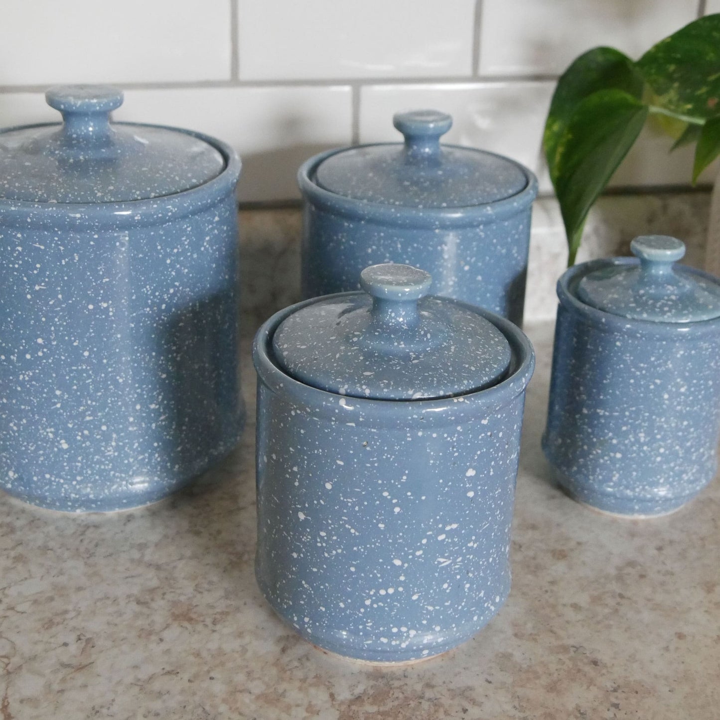 Vintage Blue and White Speckled Canister Set Vintage Farmhouse Canisters Blue White Speckled Kitchen Decor Vintage Farmhouse Kitchen Vintage Kitchen Decor