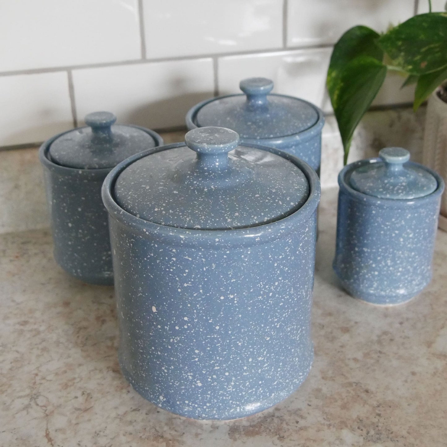 Vintage Blue and White Speckled Canister Set Vintage Farmhouse Canisters Blue White Speckled Kitchen Decor Vintage Farmhouse Kitchen Vintage Kitchen Decor