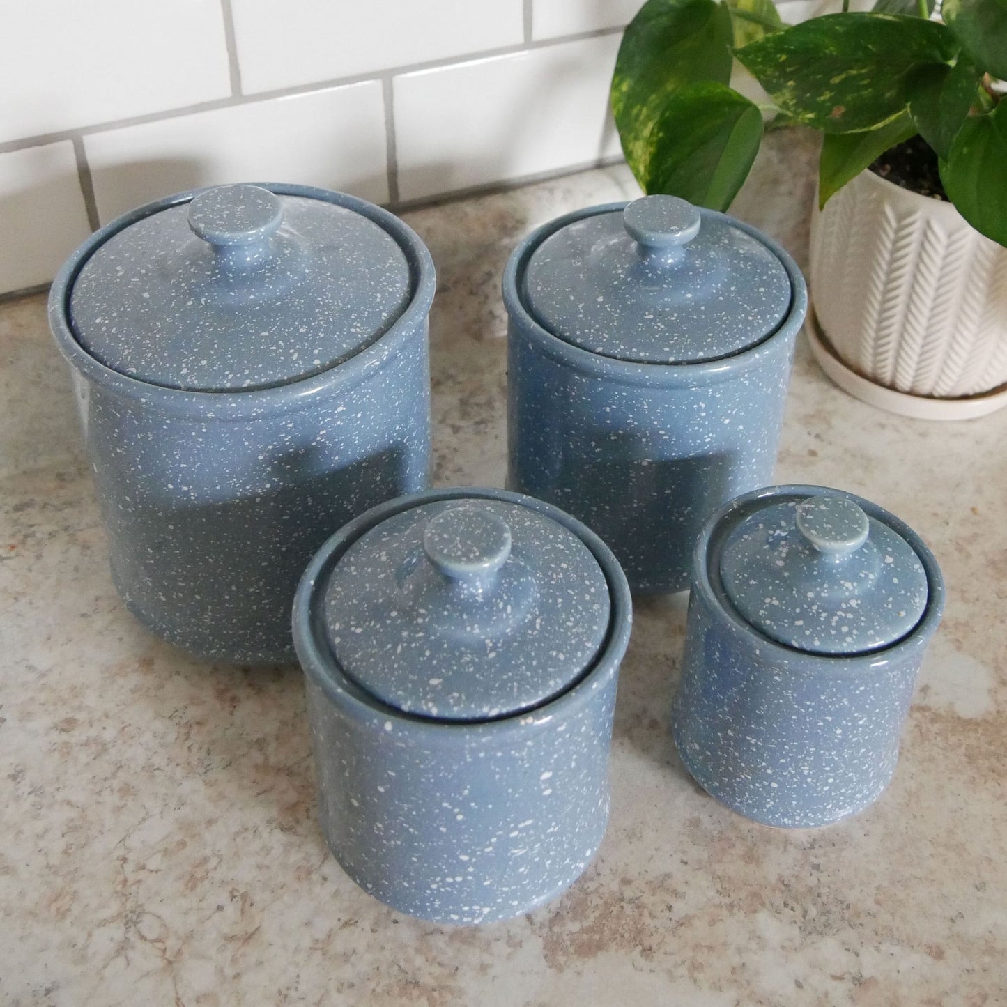 Vintage Blue and White Speckled Canister Set Vintage Farmhouse Canisters Blue White Speckled Kitchen Decor Vintage Farmhouse Kitchen Vintage Kitchen Decor