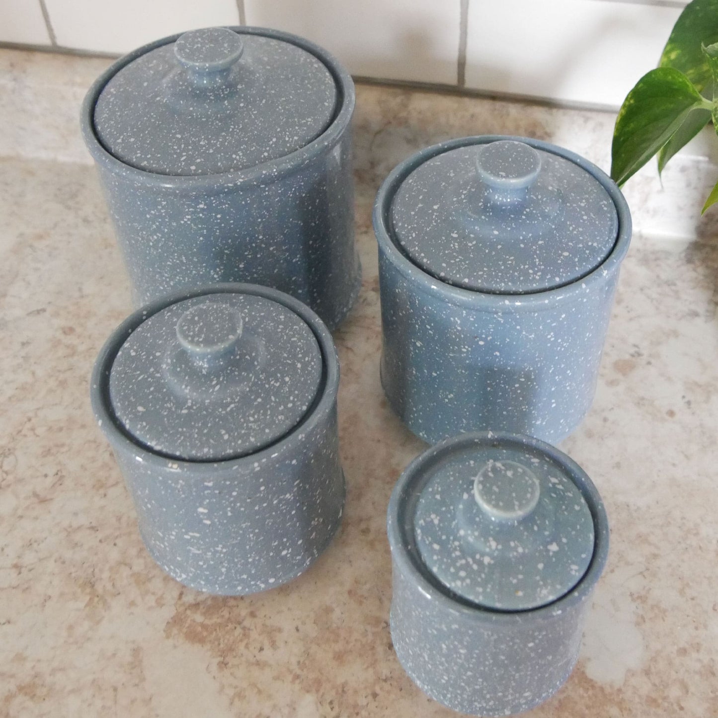 Vintage Blue and White Speckled Canister Set Vintage Farmhouse Canisters Blue White Speckled Kitchen Decor Vintage Farmhouse Kitchen Vintage Kitchen Decor
