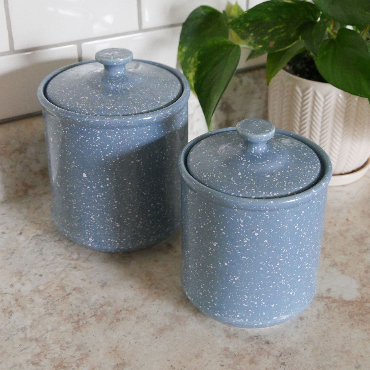 Vintage Blue and White Speckled Canister Set Vintage Farmhouse Canisters Blue White Speckled Kitchen Decor Vintage Farmhouse Kitchen Vintage Kitchen Decor