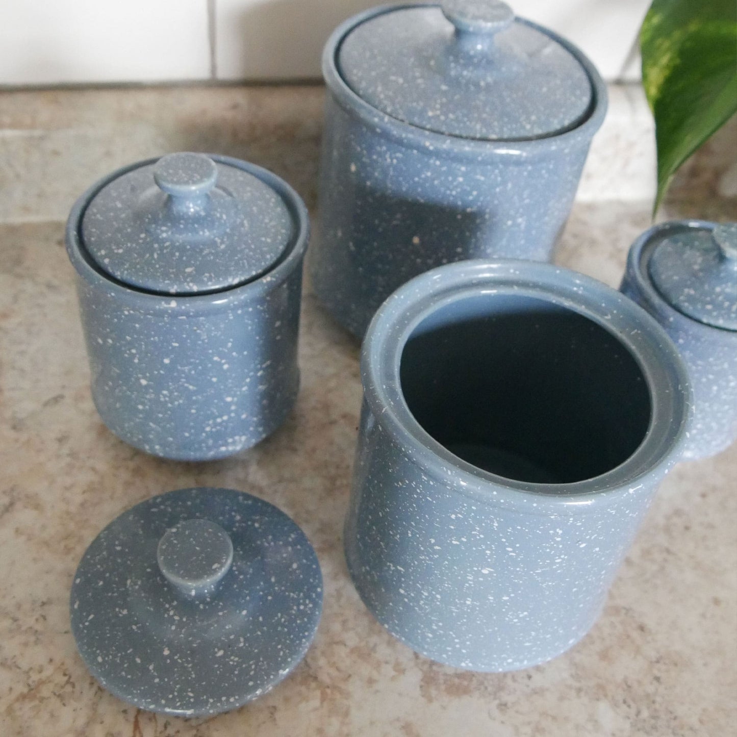 Vintage Blue and White Speckled Canister Set Vintage Farmhouse Canisters Blue White Speckled Kitchen Decor Vintage Farmhouse Kitchen Vintage Kitchen Decor